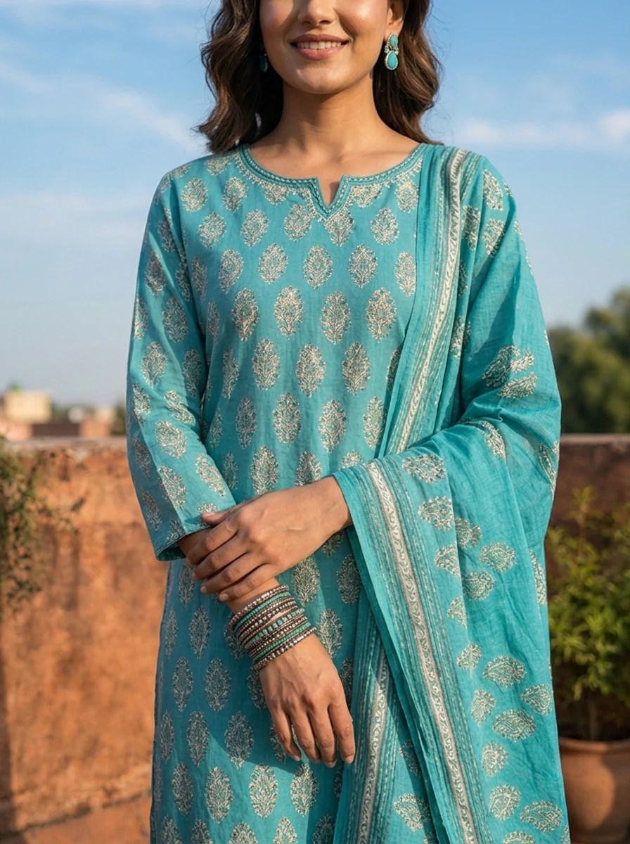 Rama Silk Booti Block Printed Three Piece Set - Image 4