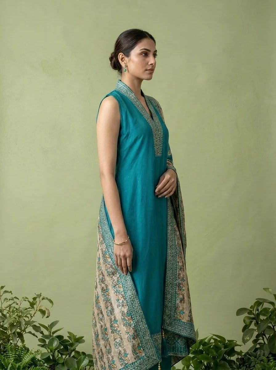 Rama Silk Floral Zari Embroidery Three Piece Set With Contrast Dupatta