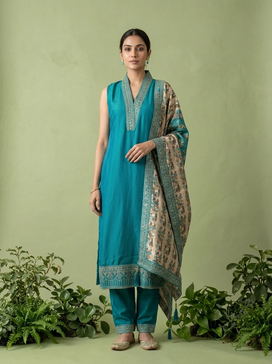 Rama Silk Floral Zari Embroidery Three Piece Set With Contrast Dupatta - Image 3