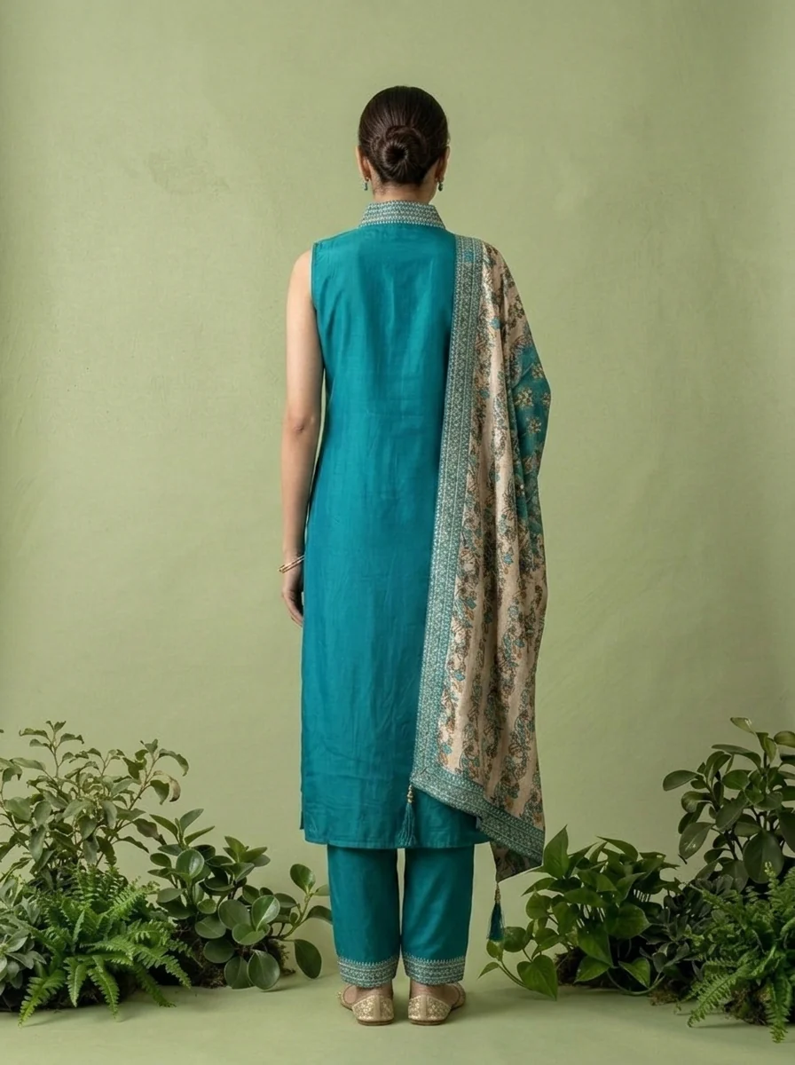 Rama Silk Floral Zari Embroidery Three Piece Set With Contrast Dupatta - Image 4