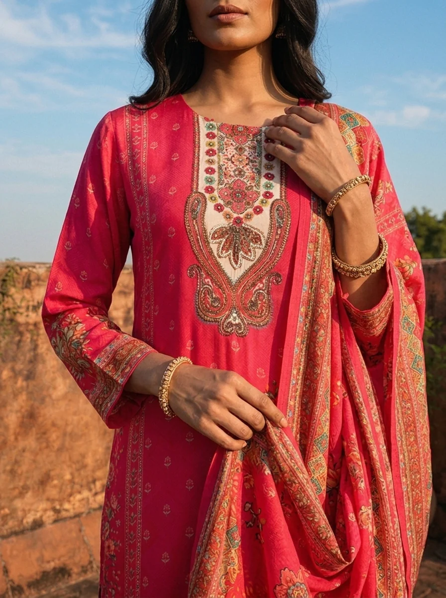 Rani Crepe Paisley And Floral Motif Printed Three Piece Set - Image 4