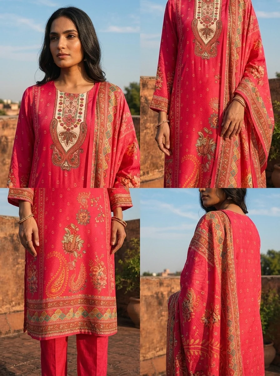 Rani Crepe Paisley And Floral Motif Printed Three Piece Set - Image 5