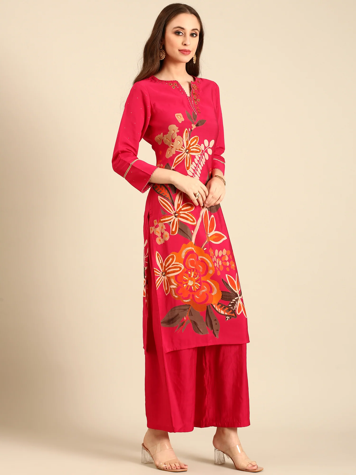 Rani Floral printed hand embroidered three piece palazzo set - Image 2