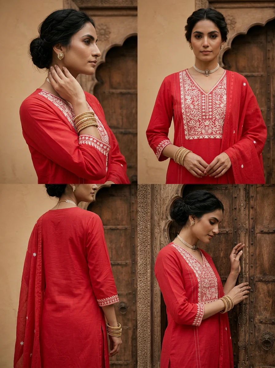 Rani Heavy Floral Thread And Paisley Embroidery Cotton Three Piece Set - Image 5