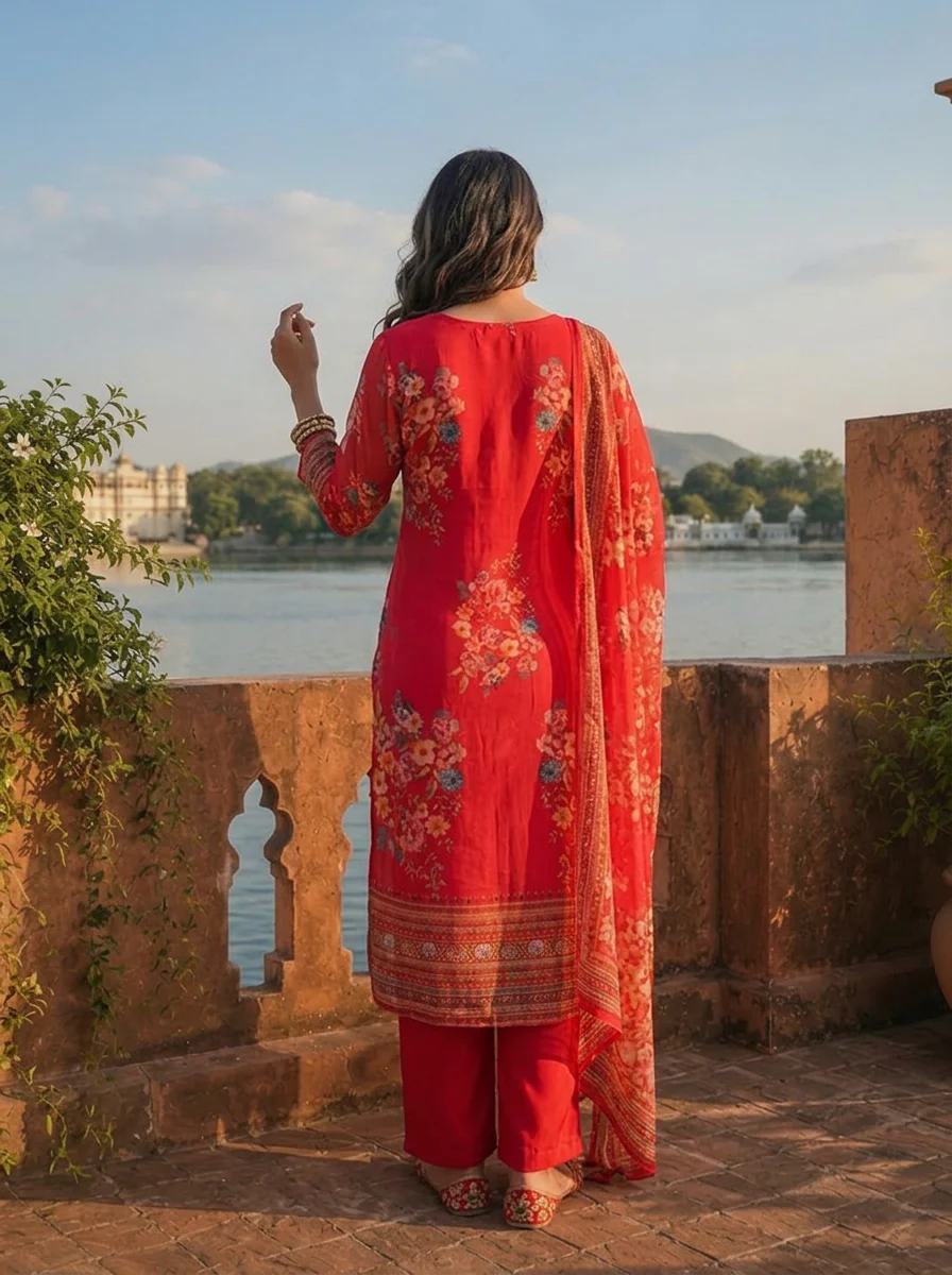 Rani Organza Scattered Floral Bouquet Motifs Printed Three Piece Set - Image 3