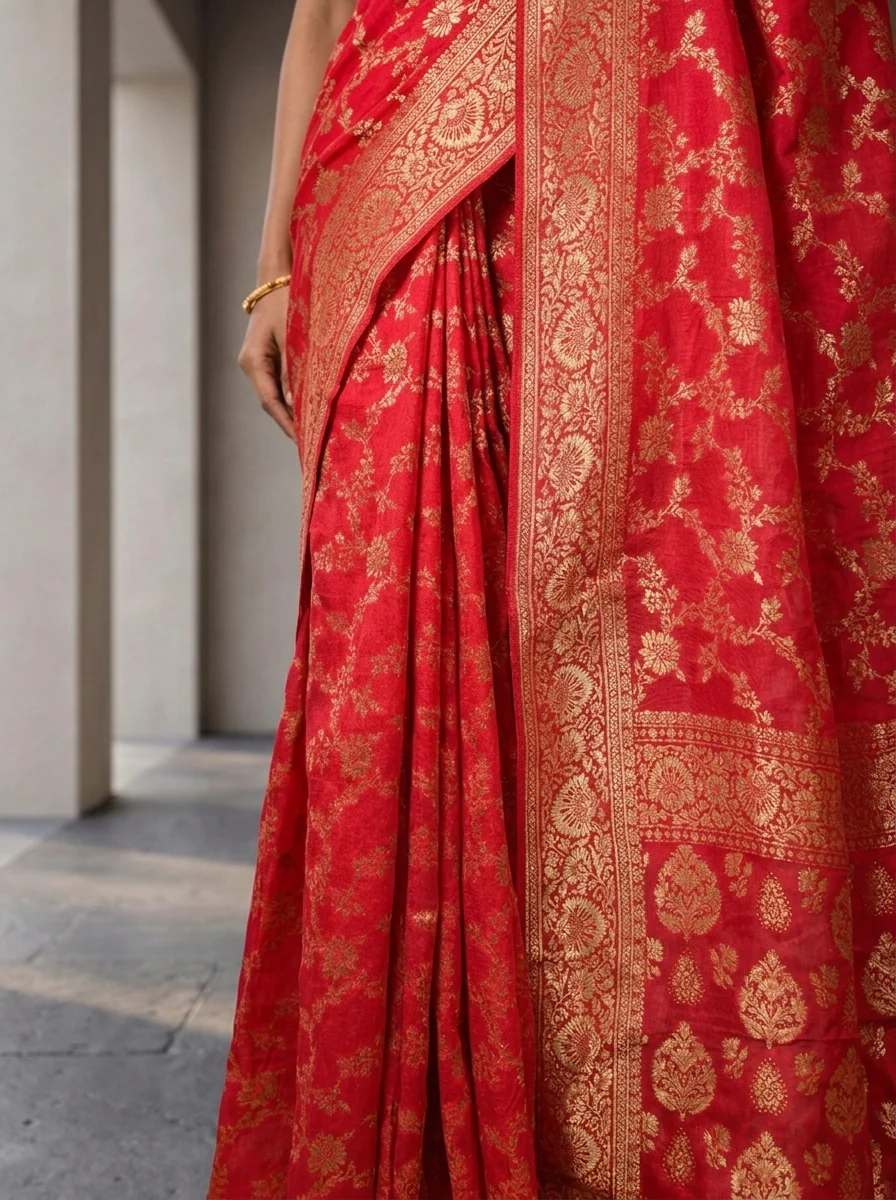 Rani Pink Banaras Floral Design Weaved Saree - Image 3