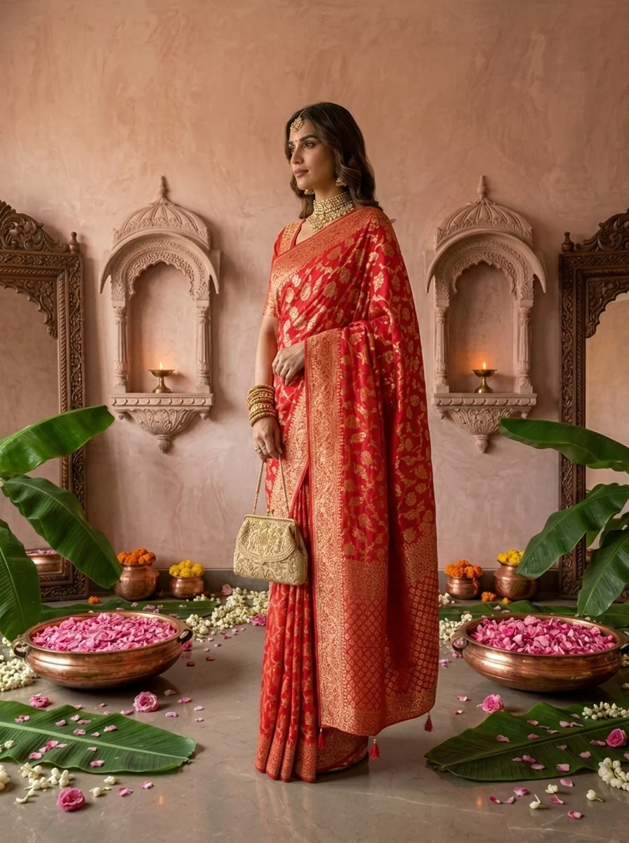 Rani Pink Banaras Weaved Floral Design Saree - Image 3