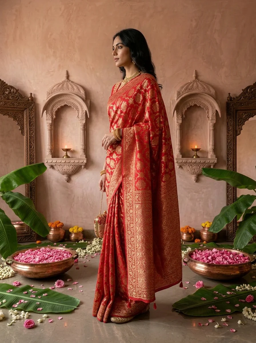 Rani Pink Banaras Weaved Saree - Image 2