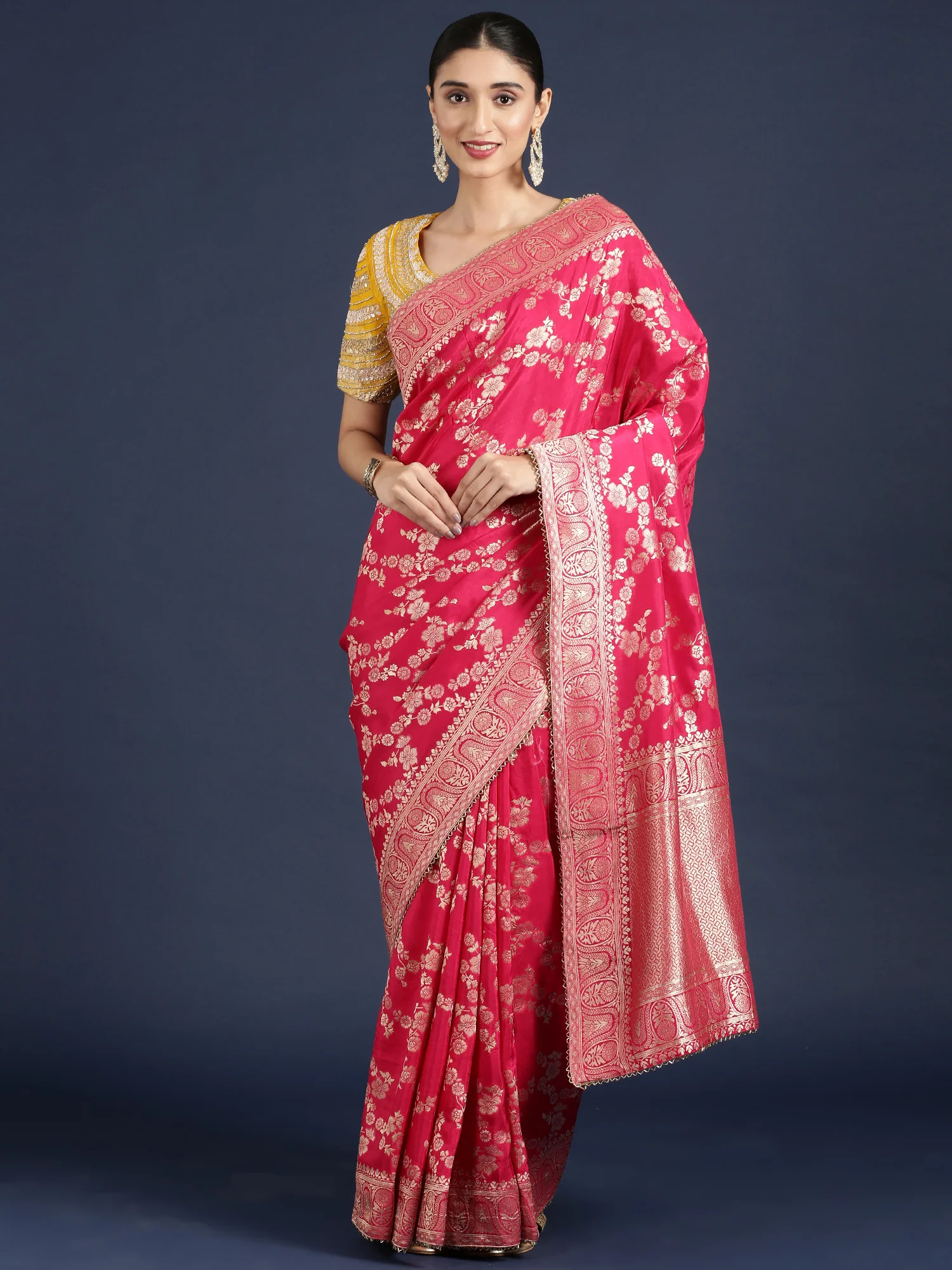 Rani Pink Banaras Weaved Saree With Embroidery Readymade Blouse - Image 4