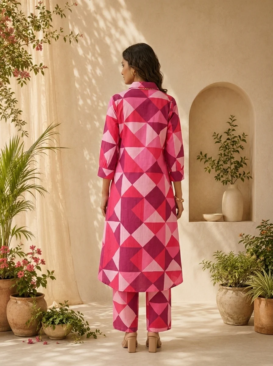 Rani Pink Cotton Abstract Printed Two Piece Set - Image 2