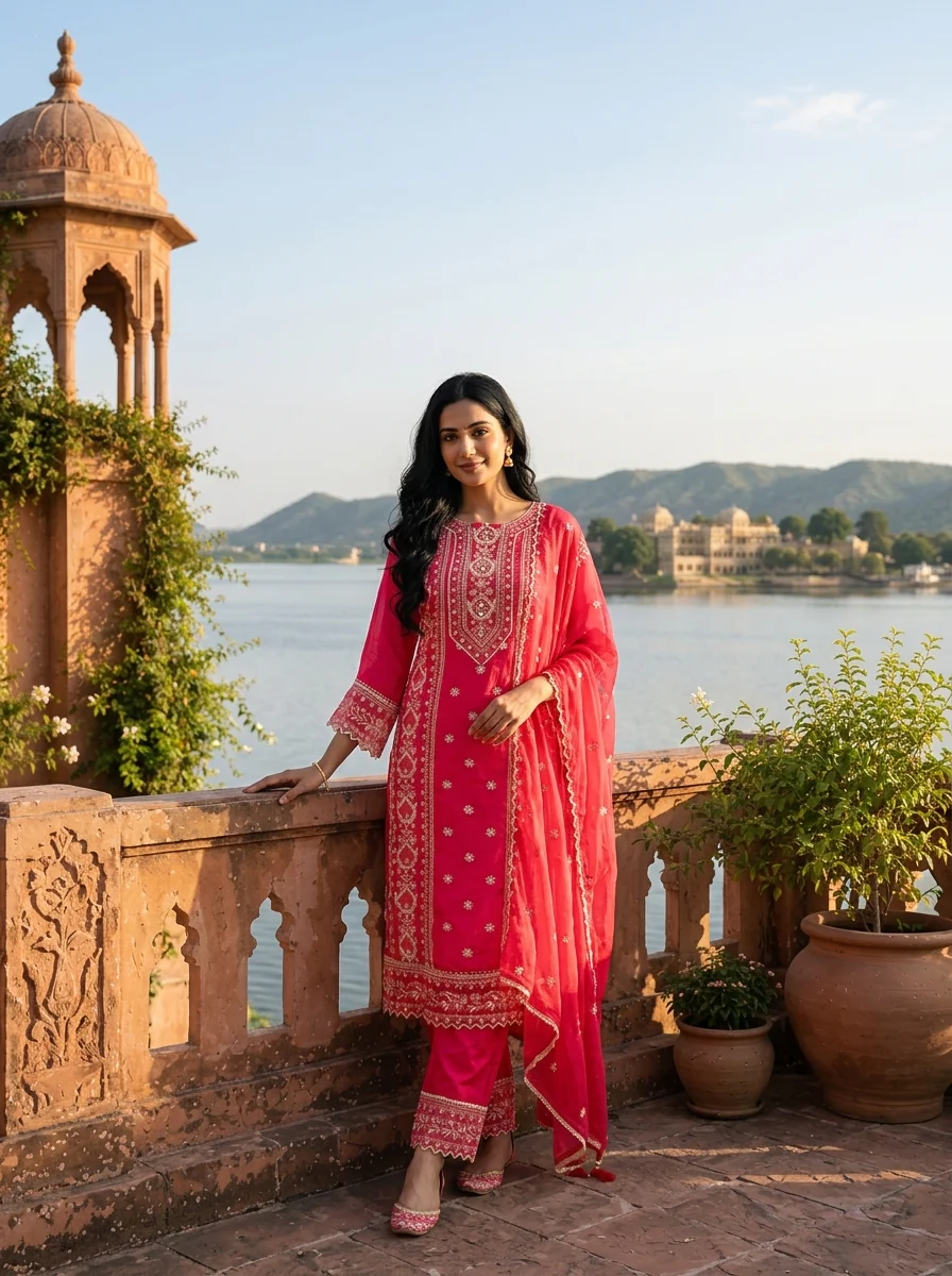 Rani Pink Cotton Tiny Floral Butis Printed Three Piece Set