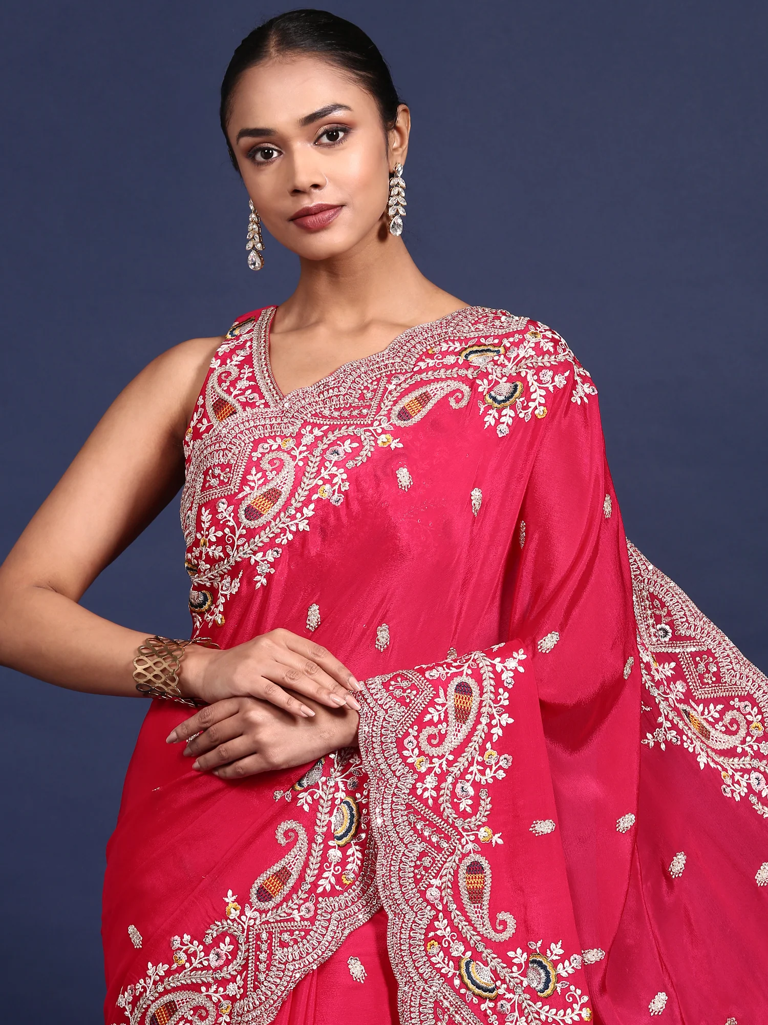 Rani Pink Crepe Embroidery Saree With Readymade Blouse - Image 2