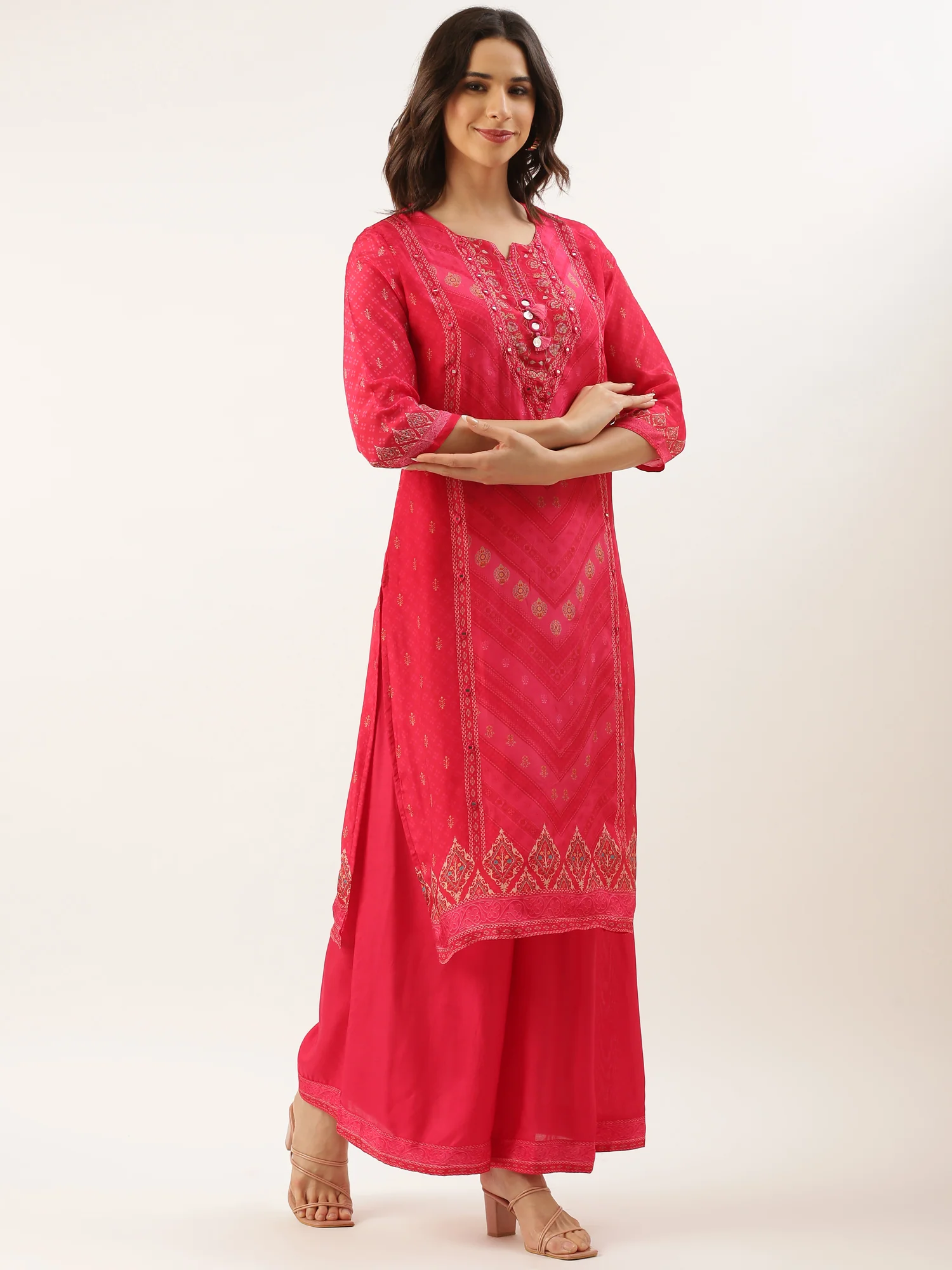 Rani Pink Crepe Printed Three Piece Suit Set - Image 2