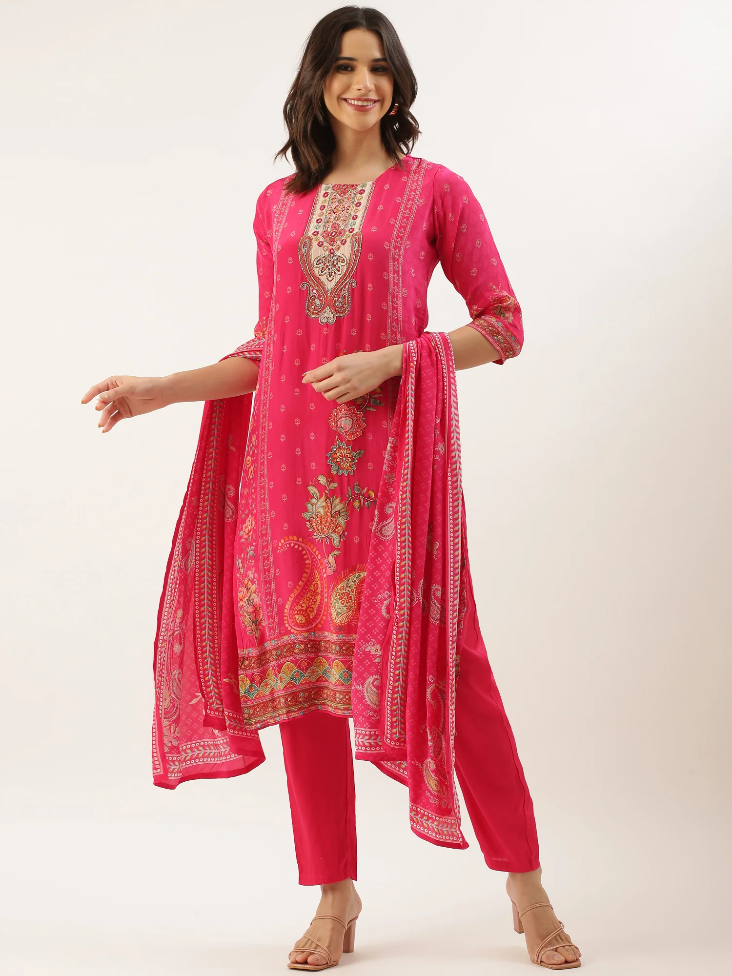 Rani Pink Crepe Printed Three Piece Suit Set - Image 6