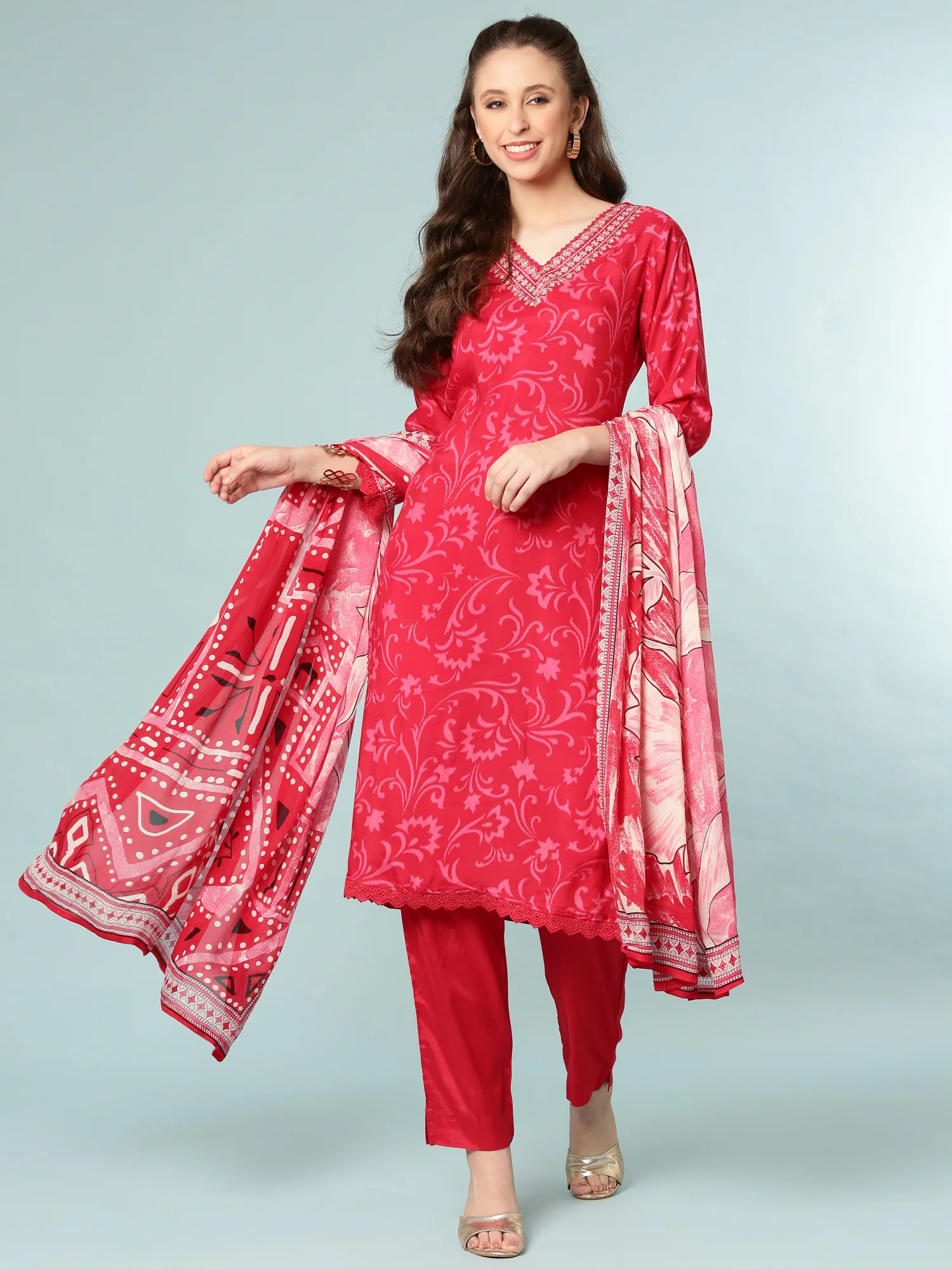 Rani Pink Dola Silk Digital Print Three Piece Set - Image 5