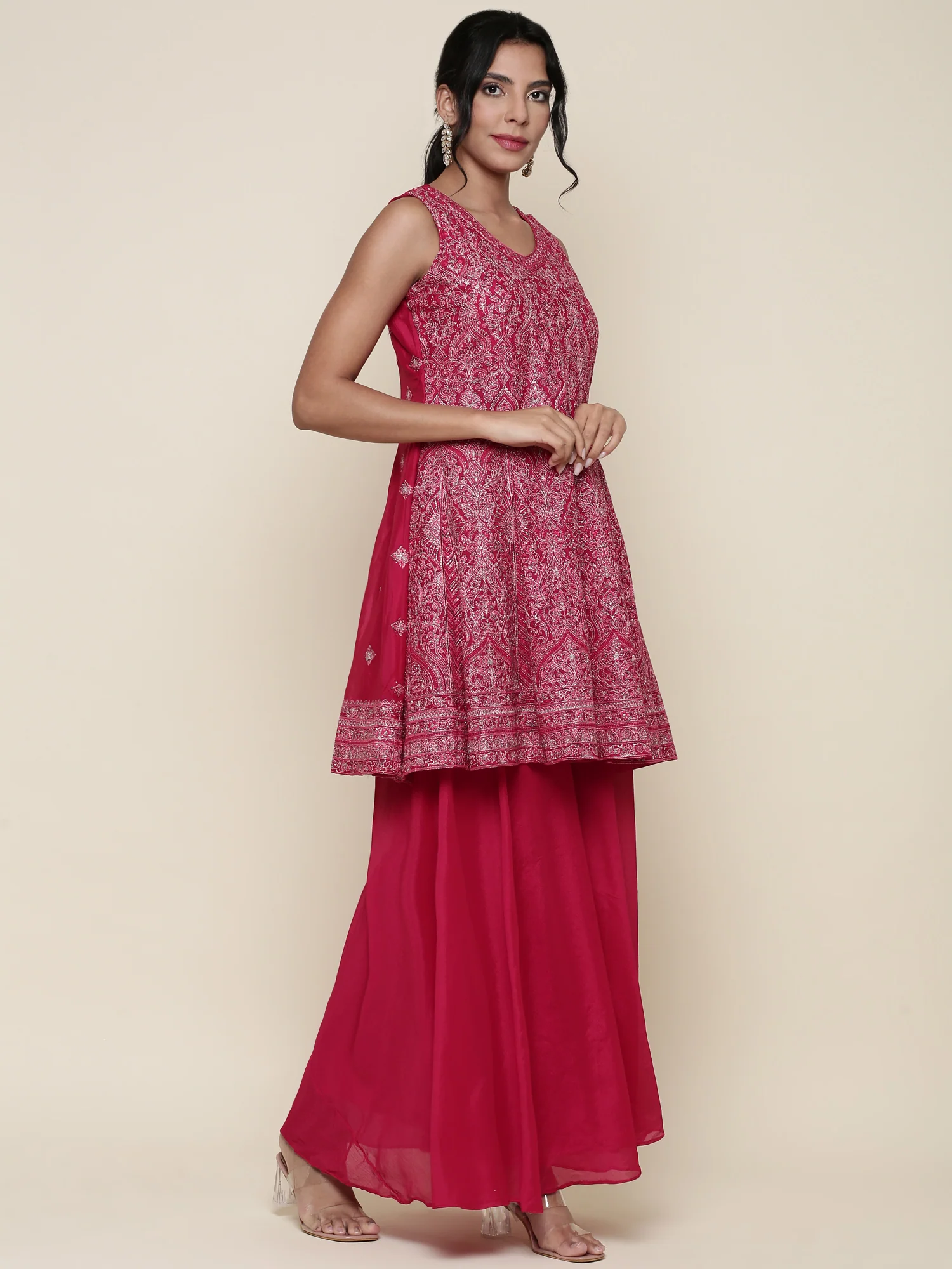 Rani pink embroidered short anarkali and palazzo three piece set - Image 2