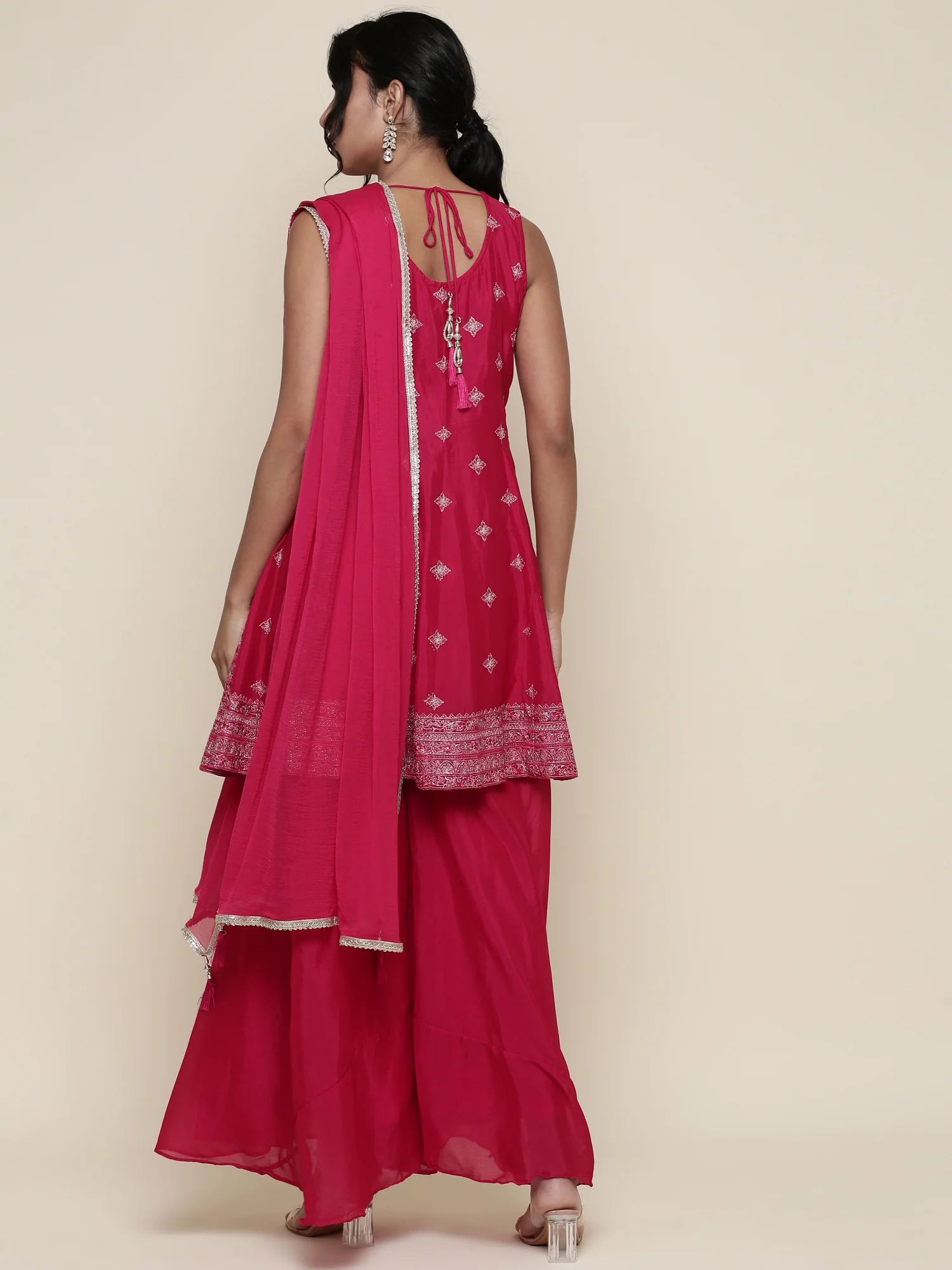 Rani pink embroidered short anarkali and palazzo three piece set - Image 3