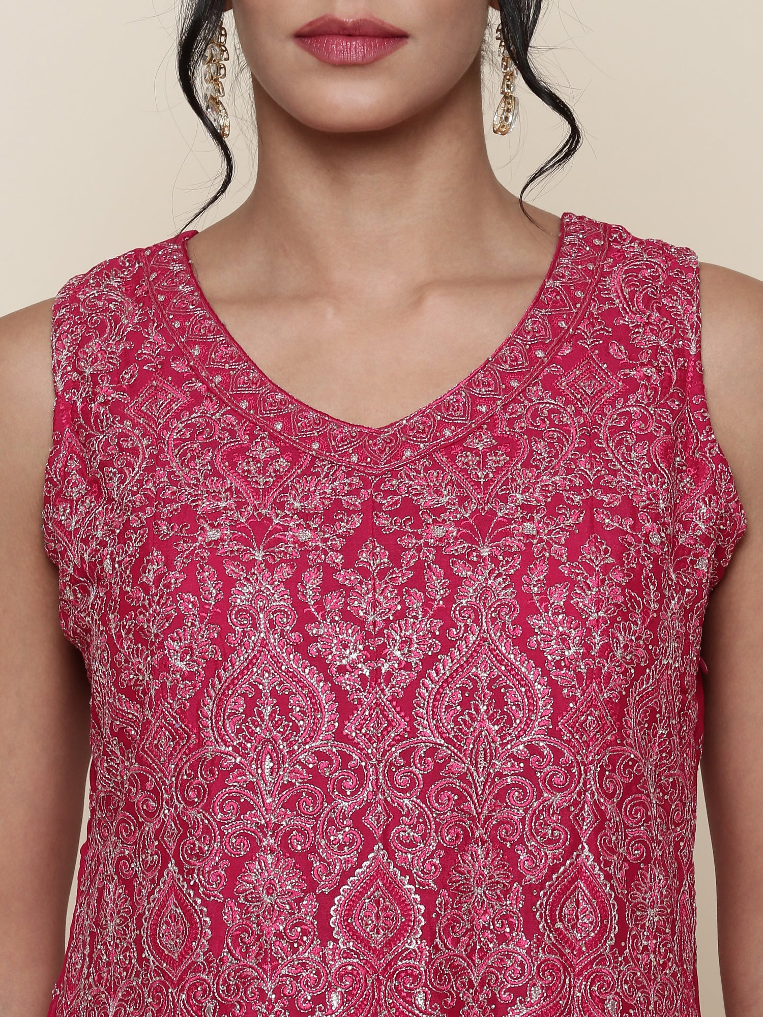 Rani pink embroidered short anarkali and palazzo three piece set - Image 4