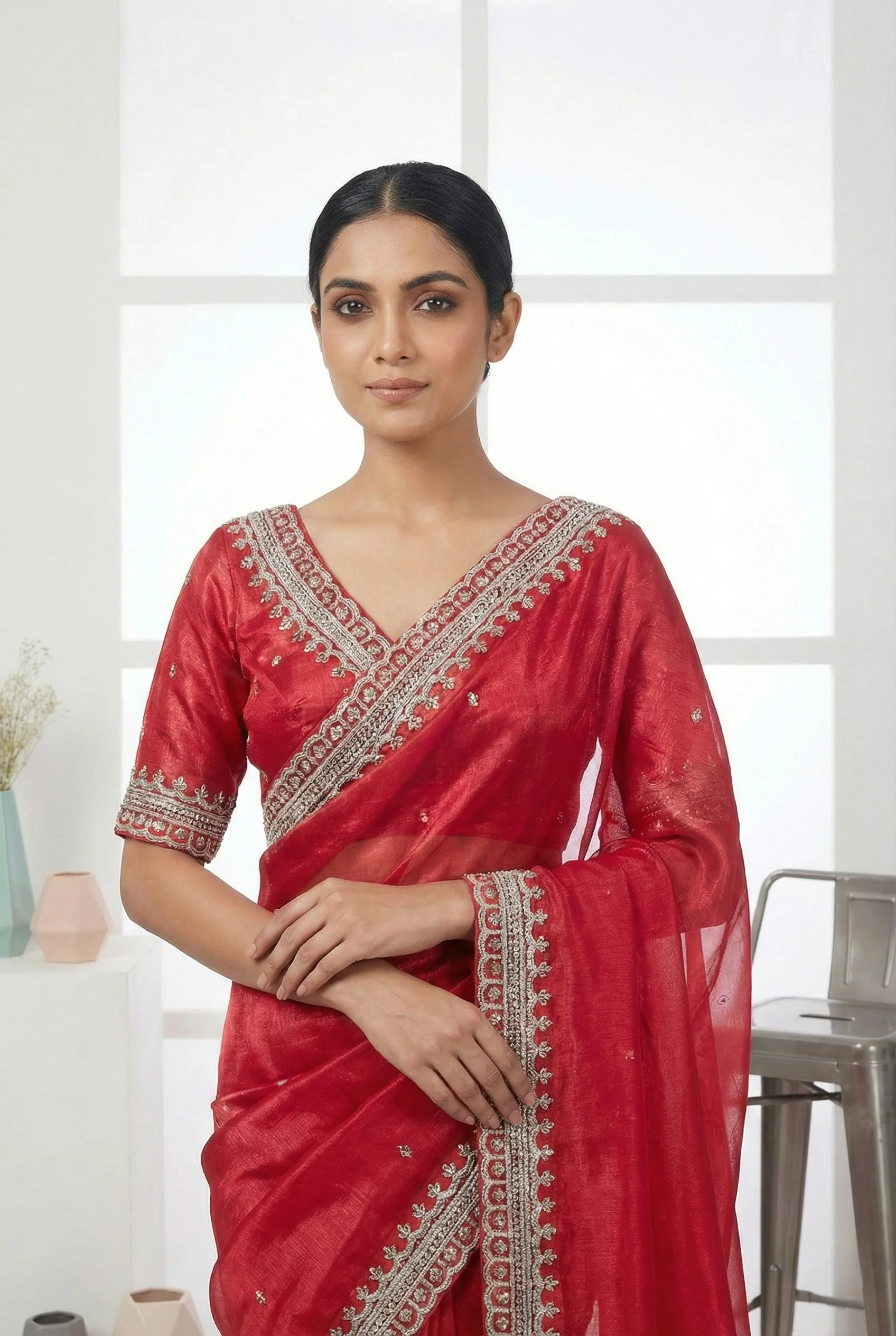 Rani Pink Jimmy Choo Beads Embroidered Organza Saree - Image 4
