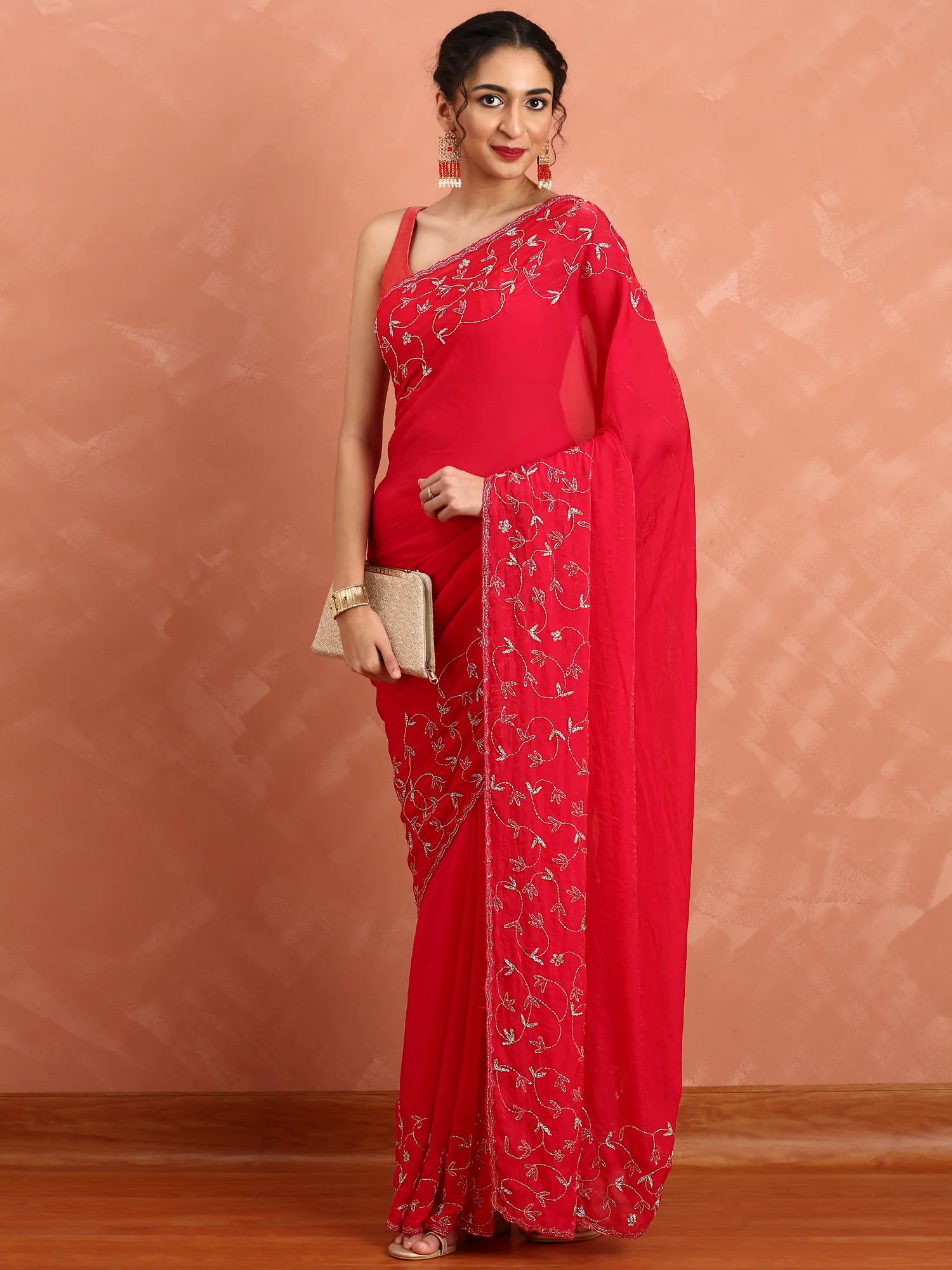 Rani pink Jimmy saree with cut dana & Swarovski hand embroidery - Image 2