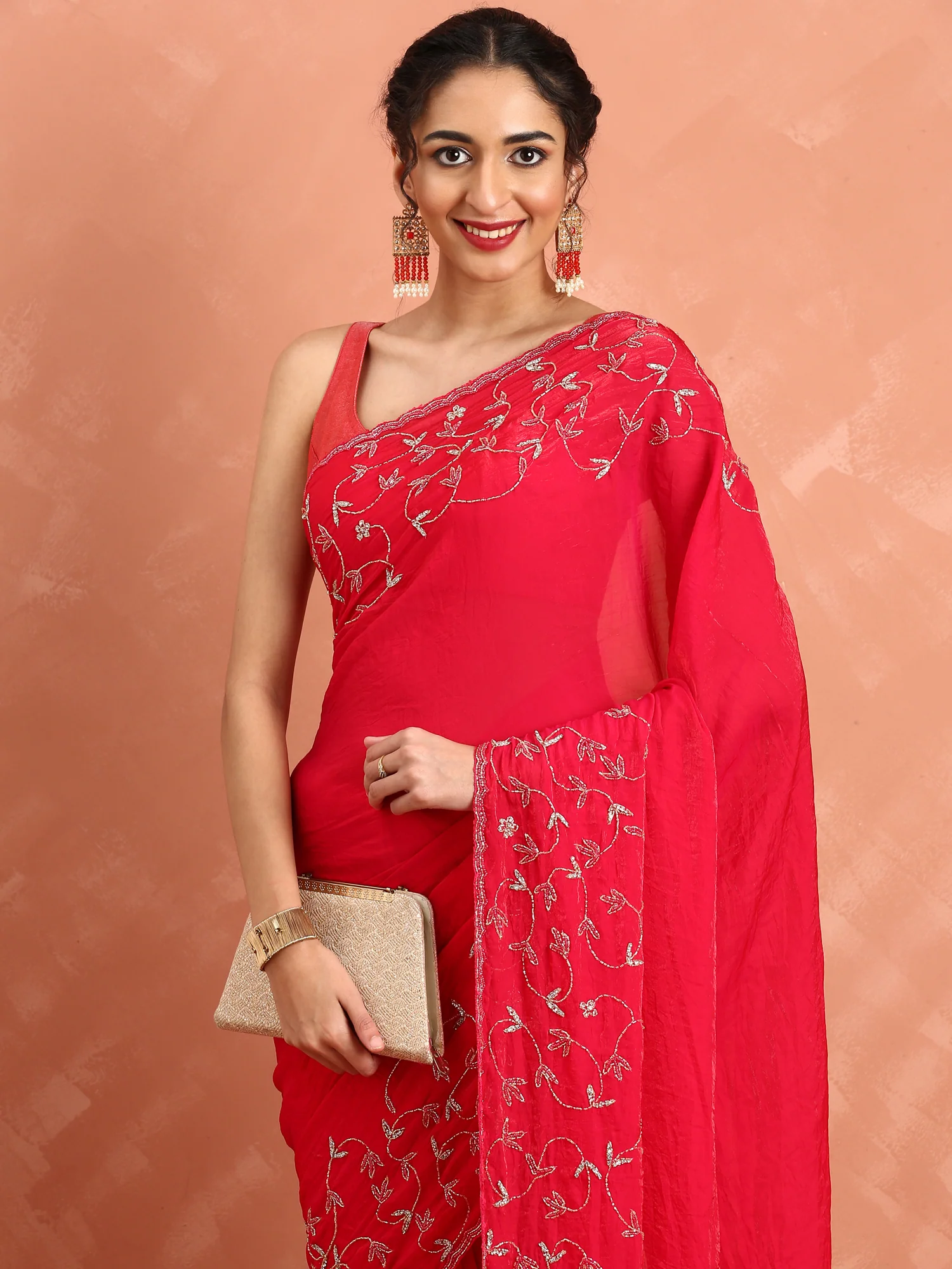 Rani pink Jimmy saree with cut dana & Swarovski hand embroidery - Image 4