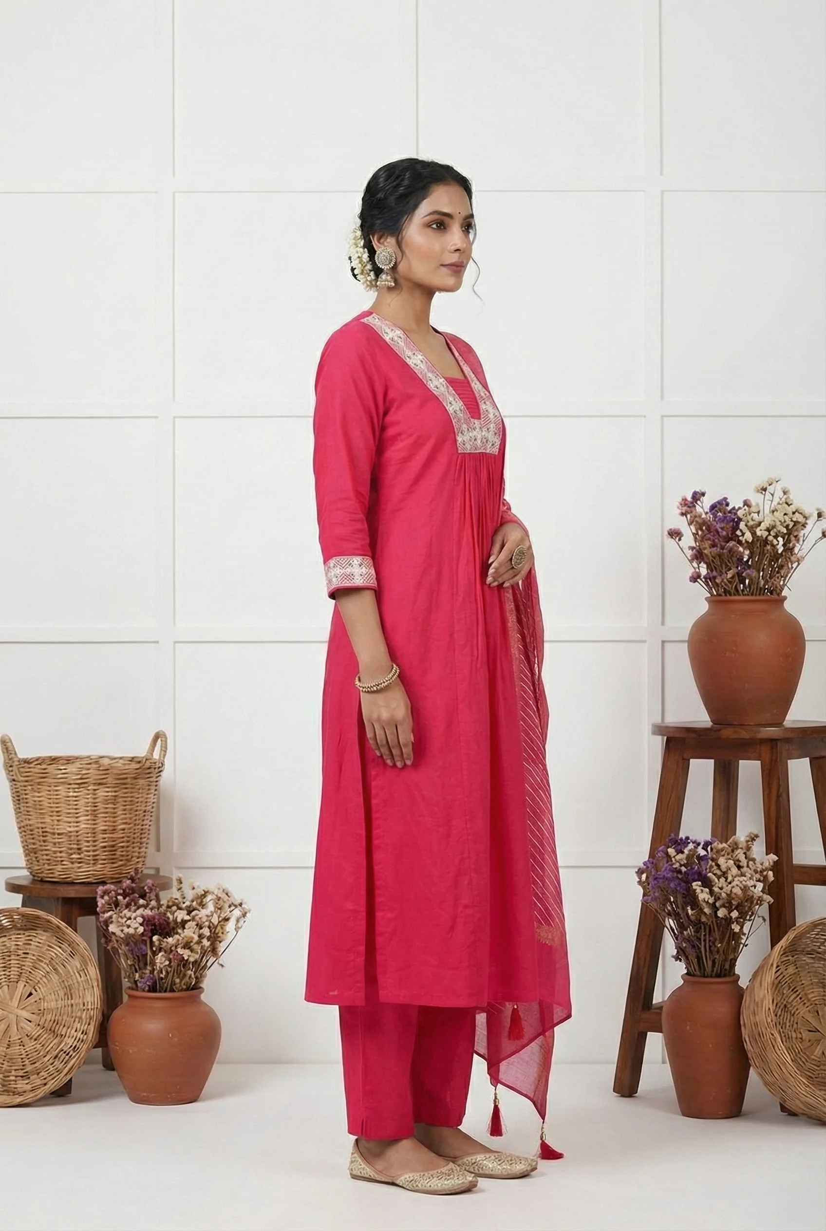 Rani Pink Muslin Zari Thread Embroidery Three Piece Set - Image 2