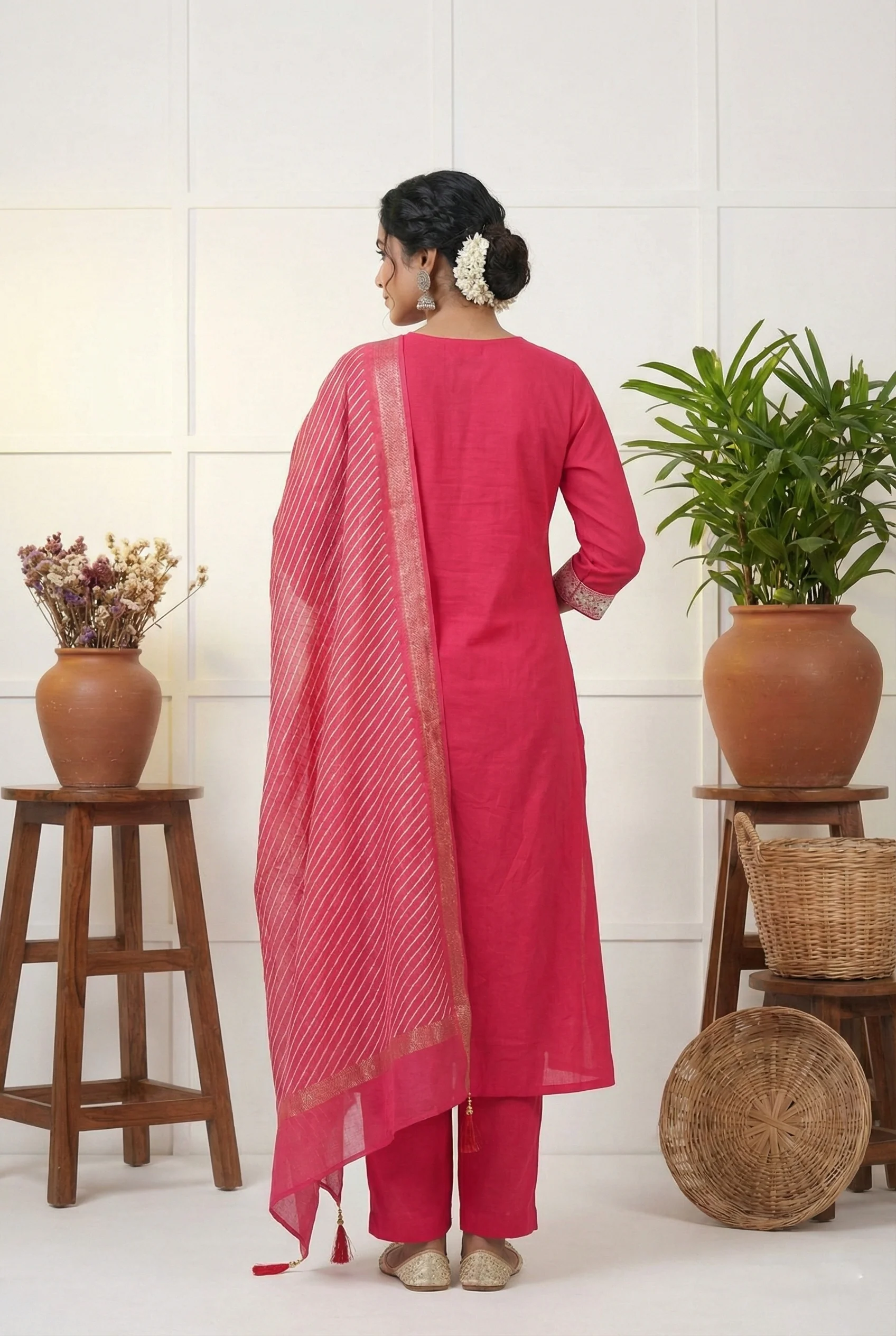 Rani Pink Muslin Zari Thread Embroidery Three Piece Set - Image 3