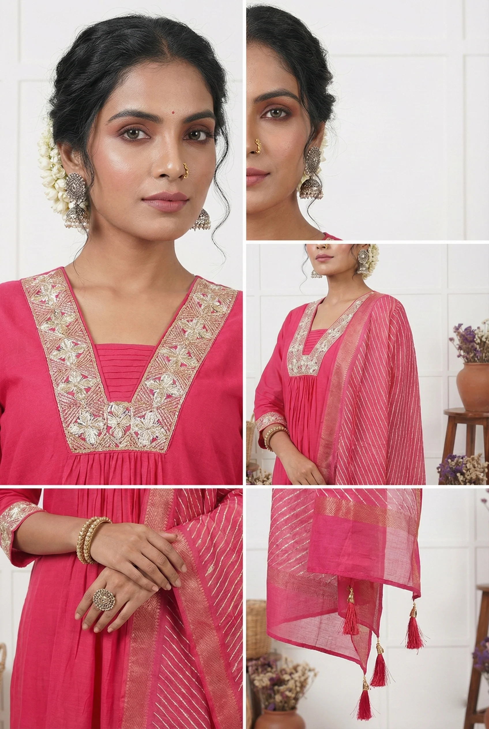 Rani Pink Muslin Zari Thread Embroidery Three Piece Set - Image 4