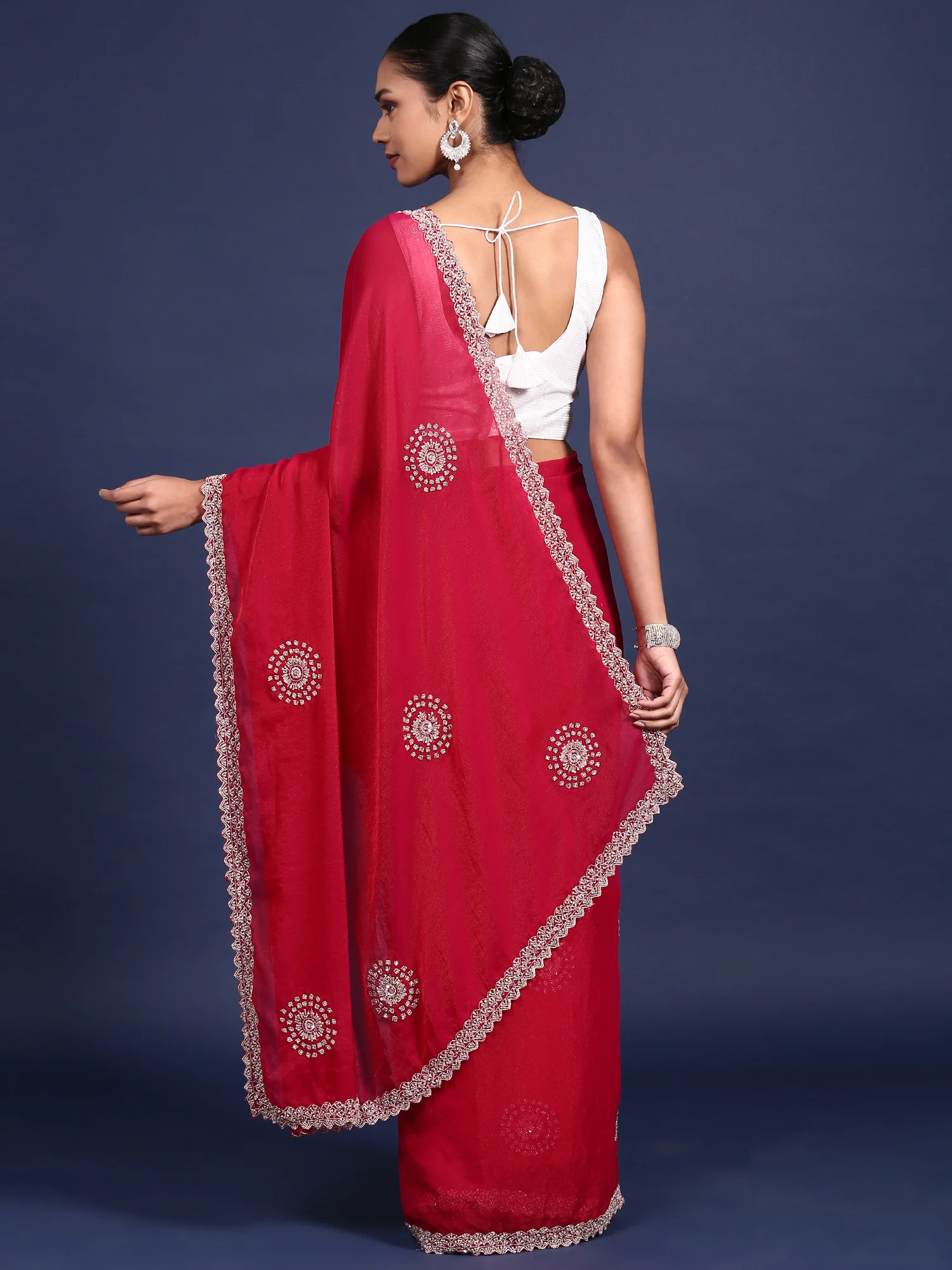 Rani Pink Satin Aari Embroidery Saree - Image 2