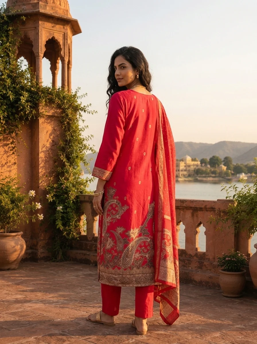 Rani Pink Silk Large Paisley Printed Three Piece Set - Image 2