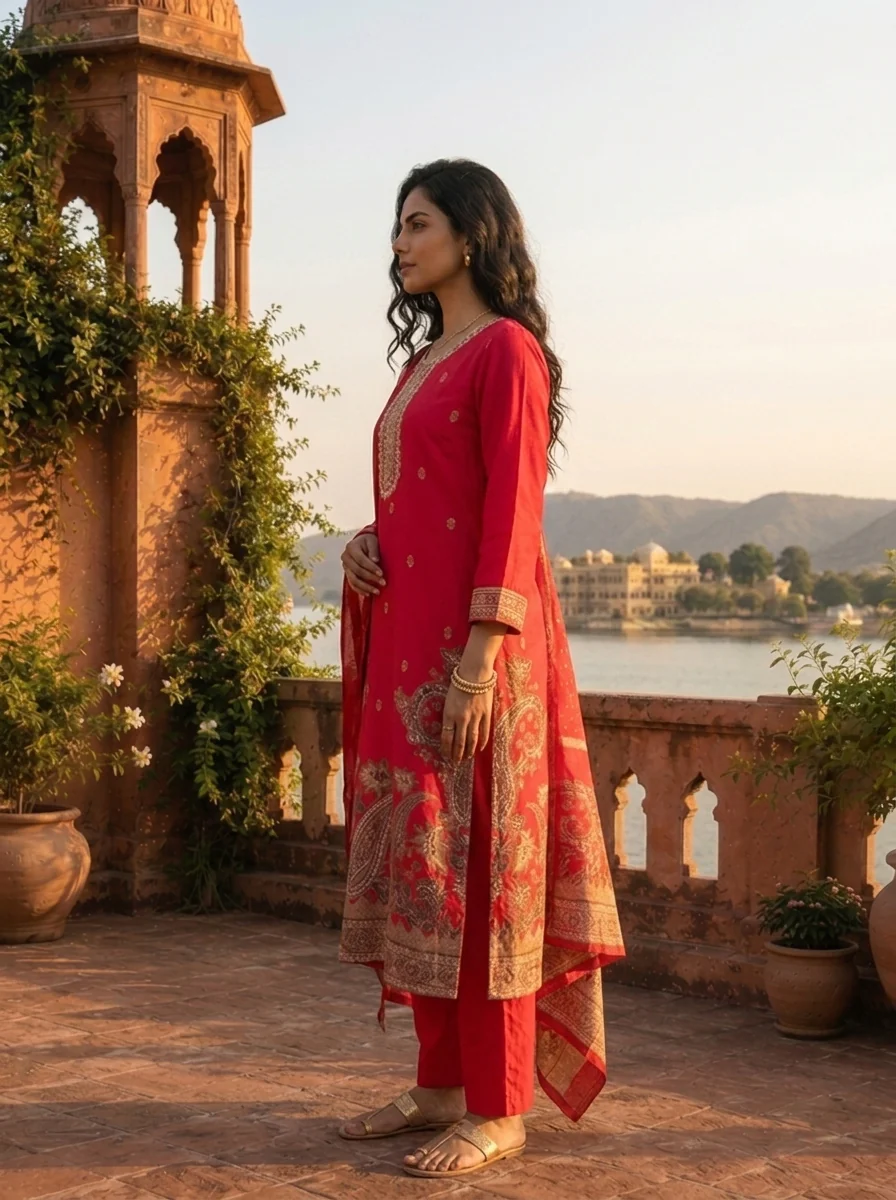 Rani Pink Silk Large Paisley Printed Three Piece Set - Image 3