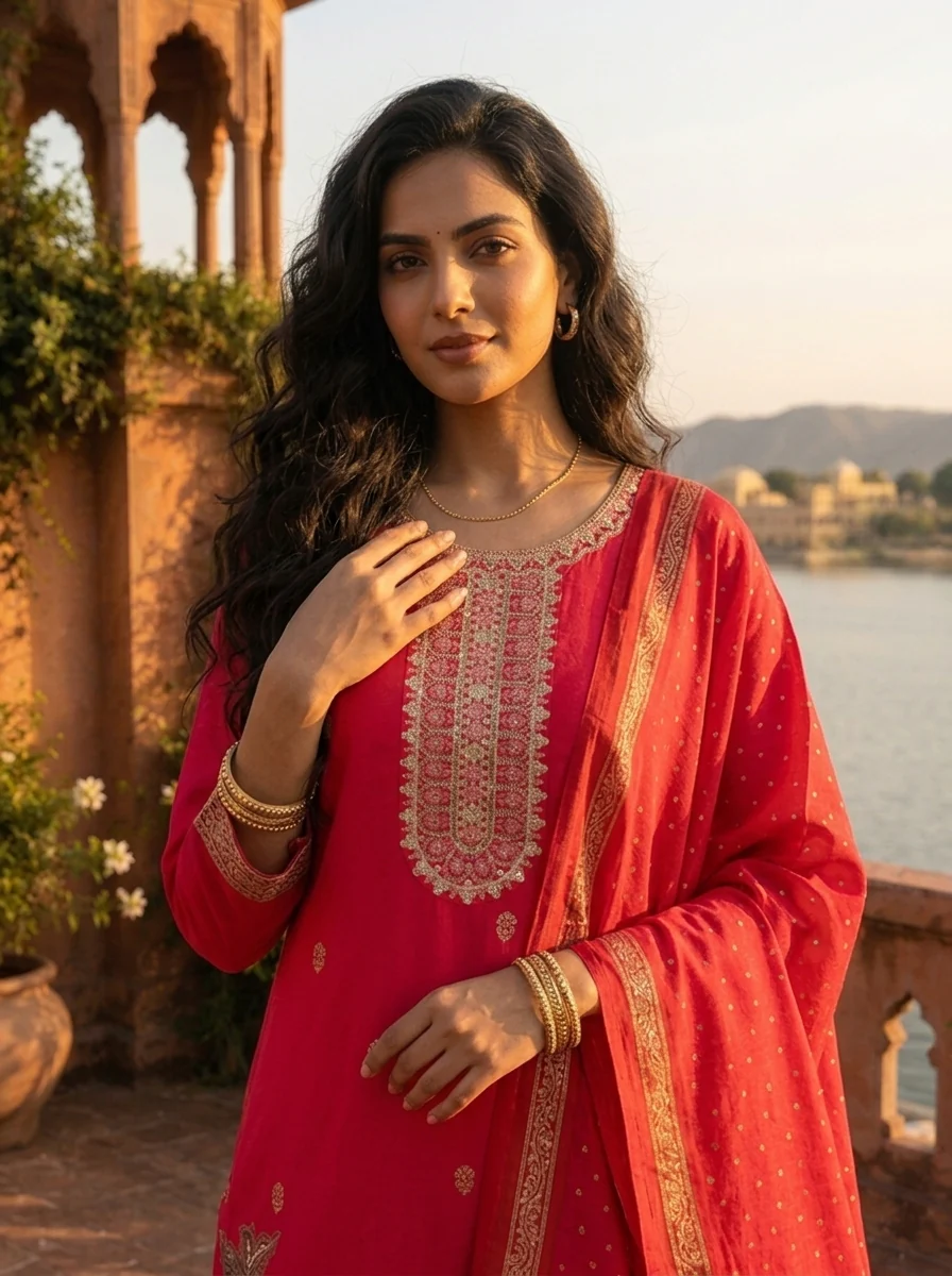 Rani Pink Silk Large Paisley Printed Three Piece Set - Image 4