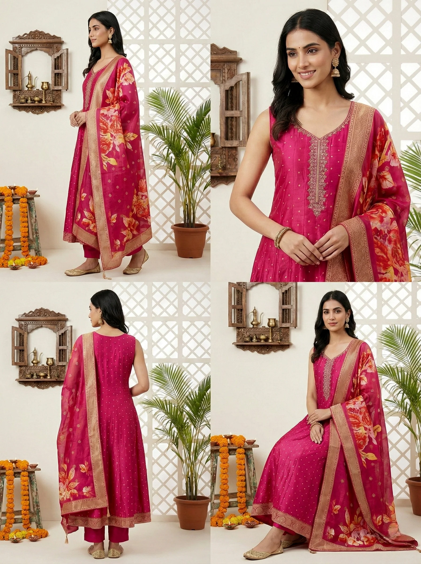 Rani Pink Silk Zari Embroidery Three Piece Set With Digital Printed Dupatta - Image 4