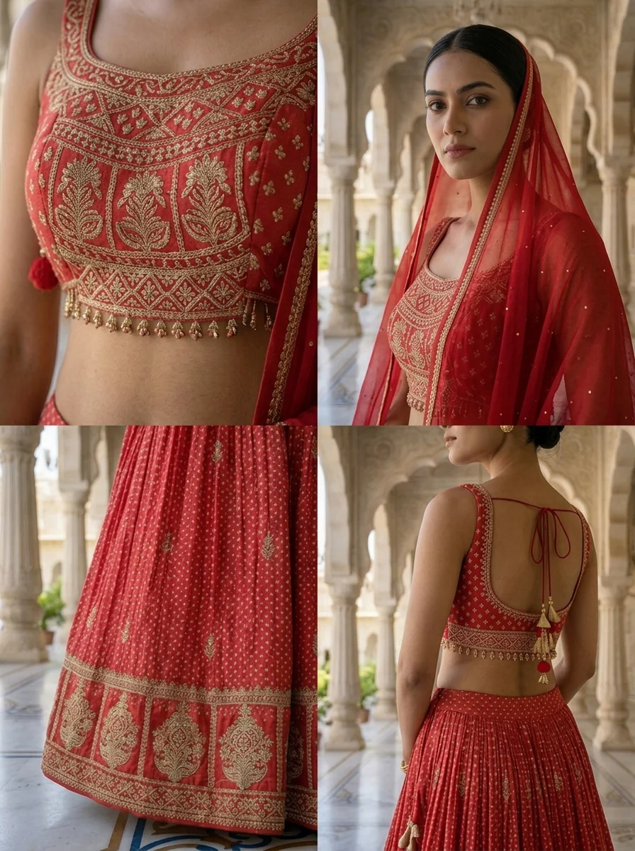 Rani Pink Tissue Bandhani Printed And Zari Embroidered Ghagra Set - Image 5