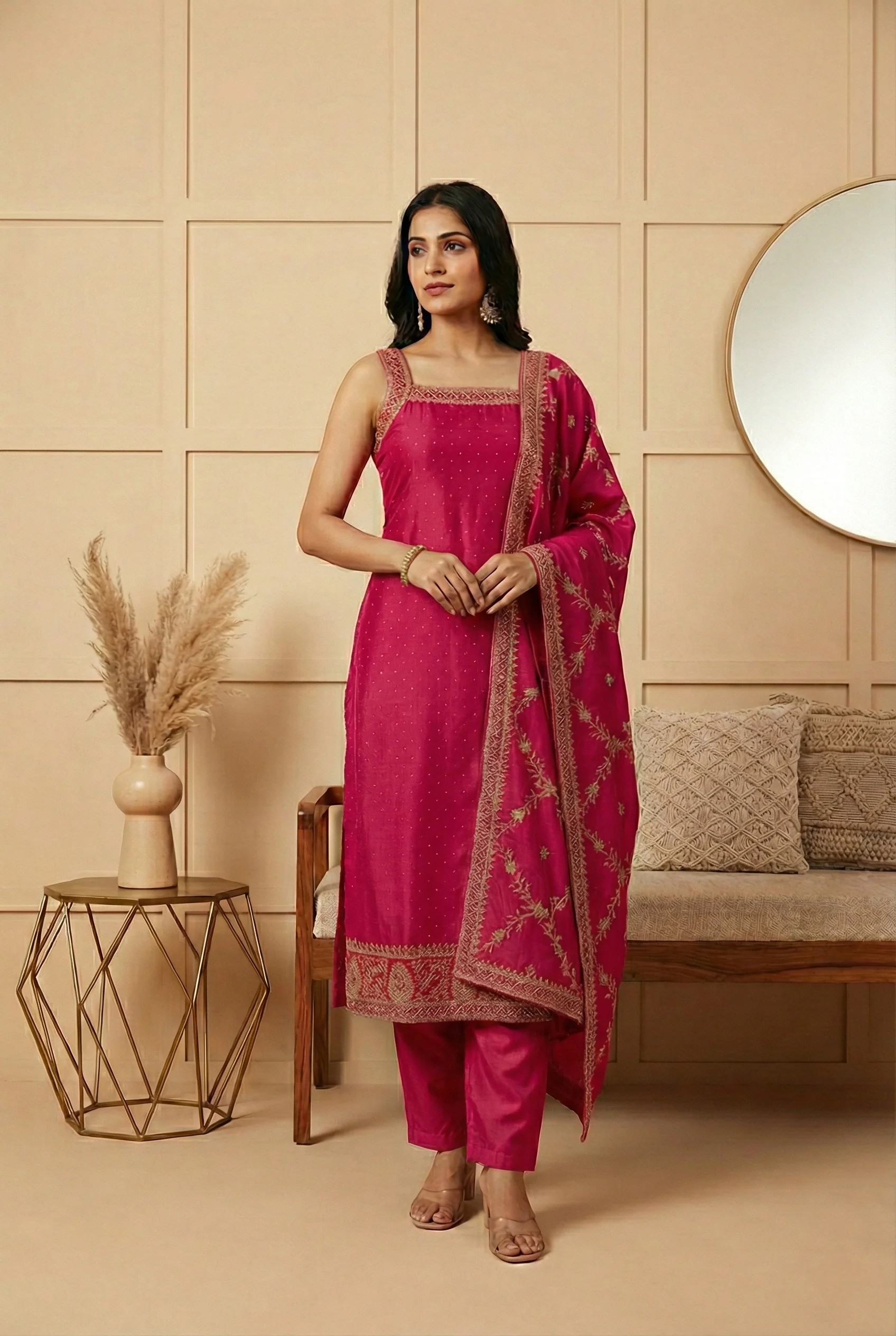 Rani Pink Vichitra Silk Embroidery Three Piece Set
