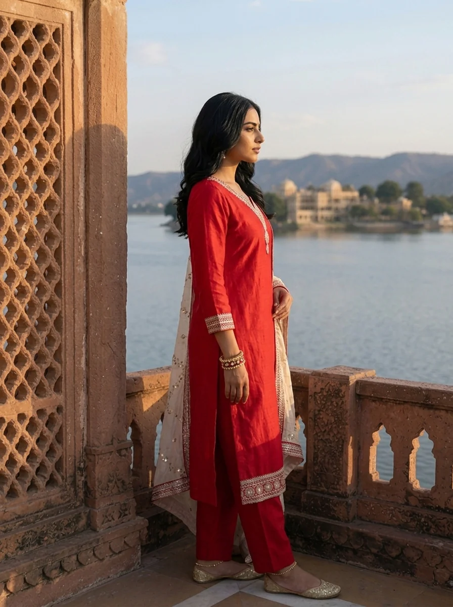 Rani Pink Vichitra Silk Geometric Zari Embroidery Three Piece Set - Image 4