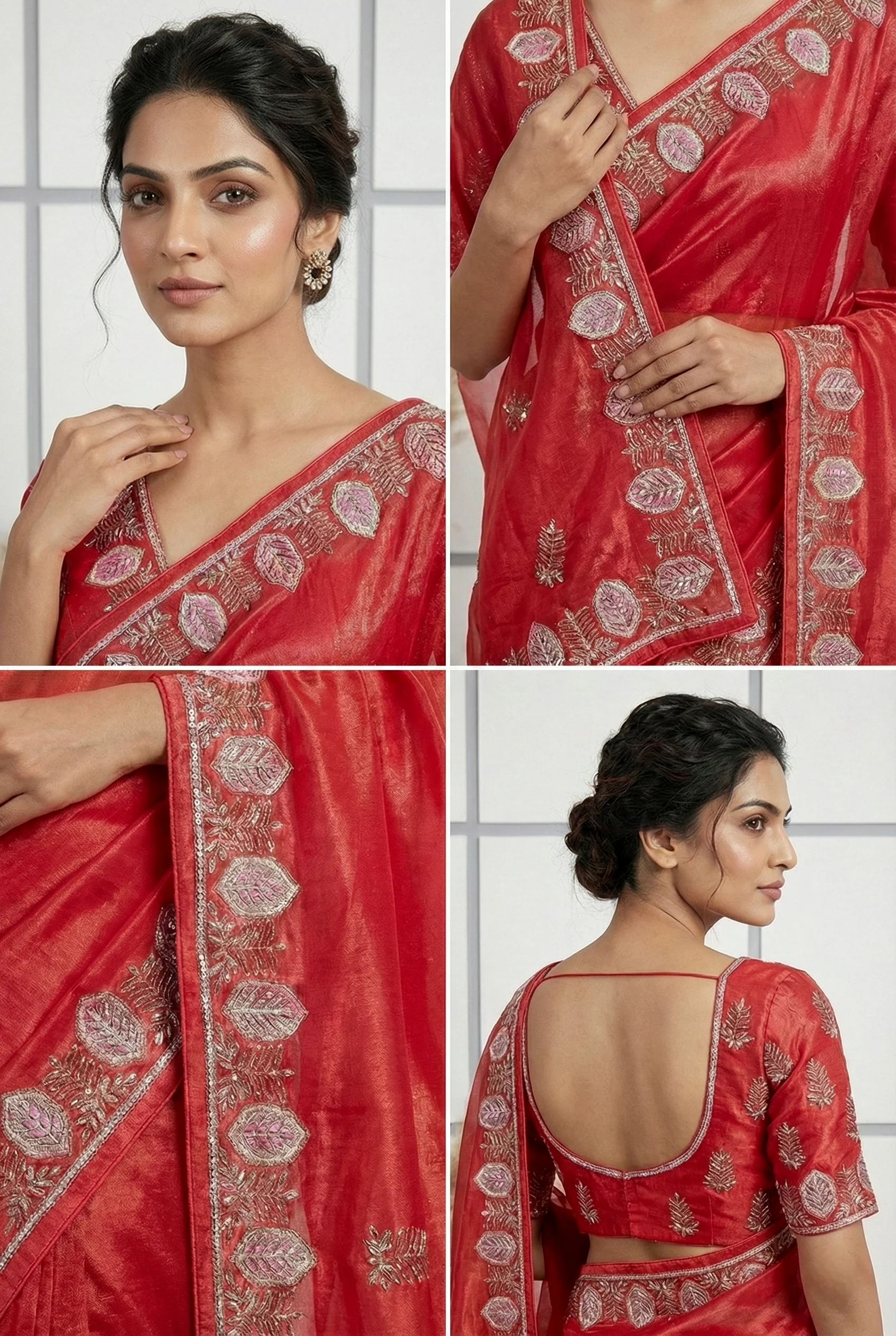 Red And Rani Pink Jimmy Choo Zari And Thread Embroidery Saree - Image 2