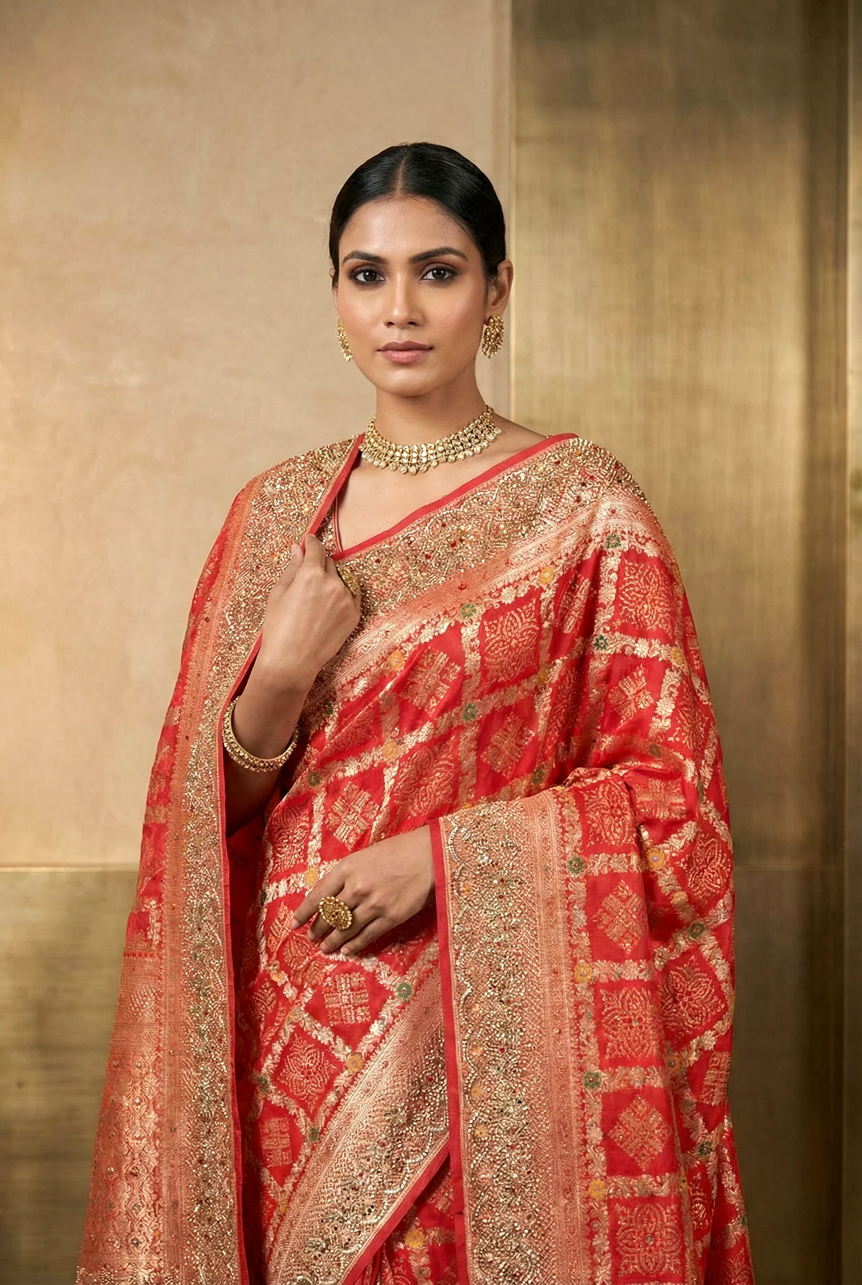 Red Banaras Beads Printed Saree - Image 2