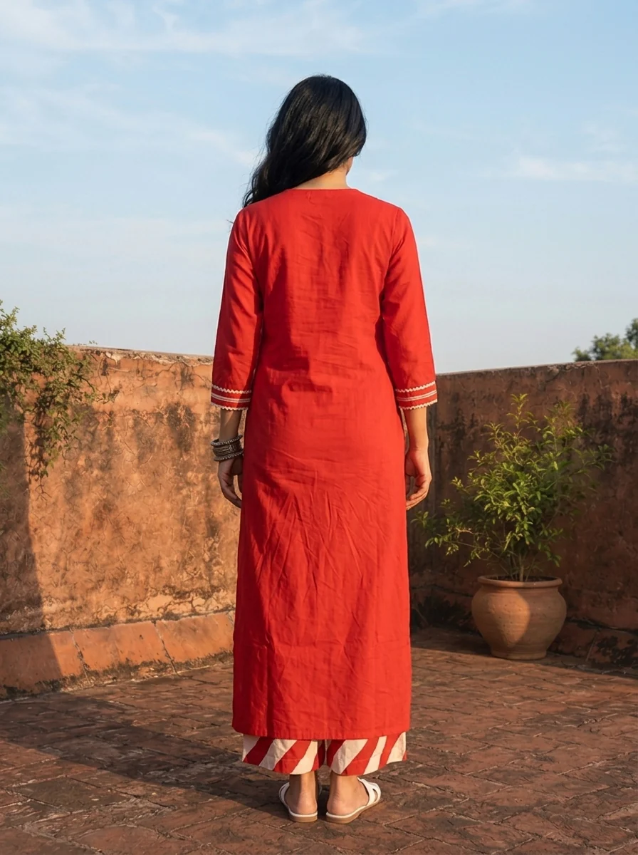 Red Cotton Dori Embroidered Three Piece Set - Image 2