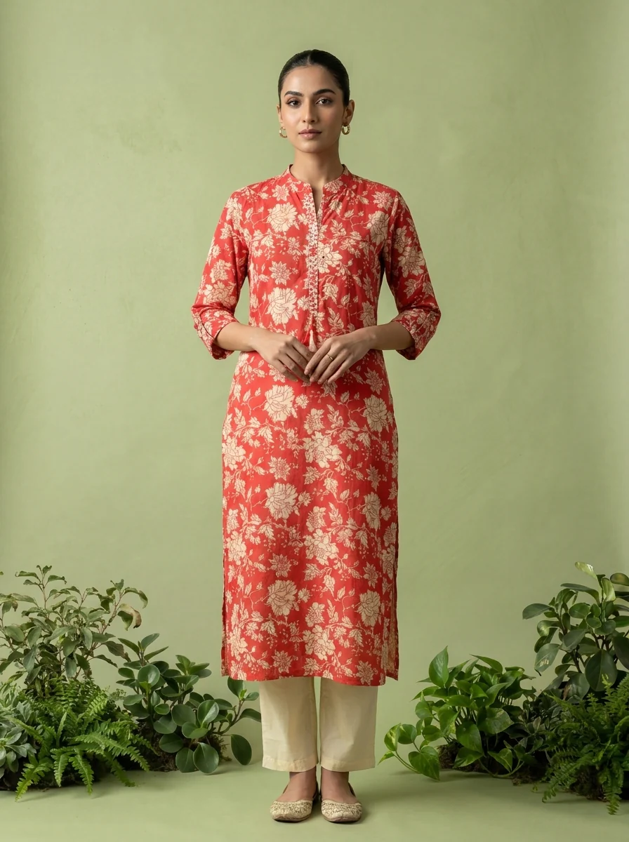 Red Cotton Floral Printed Kurta - Image 2