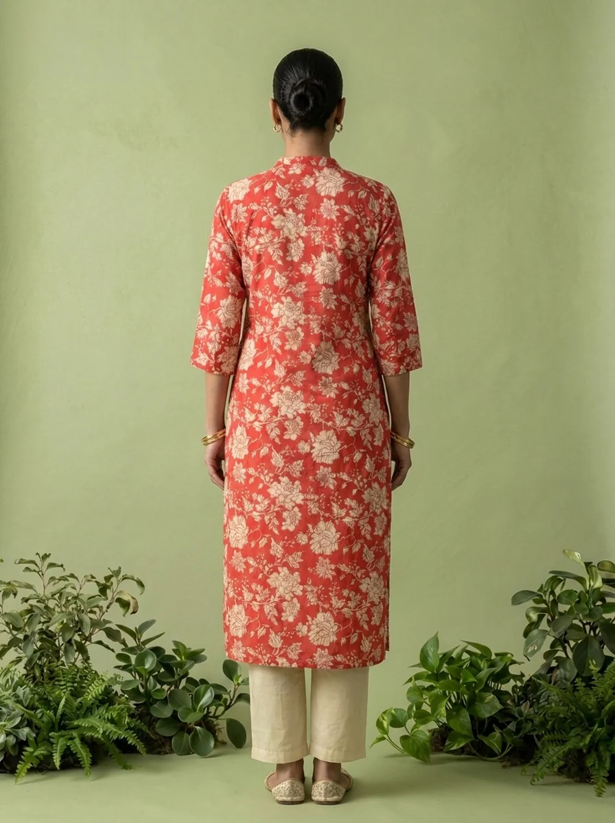 Red Cotton Floral Printed Kurta - Image 3