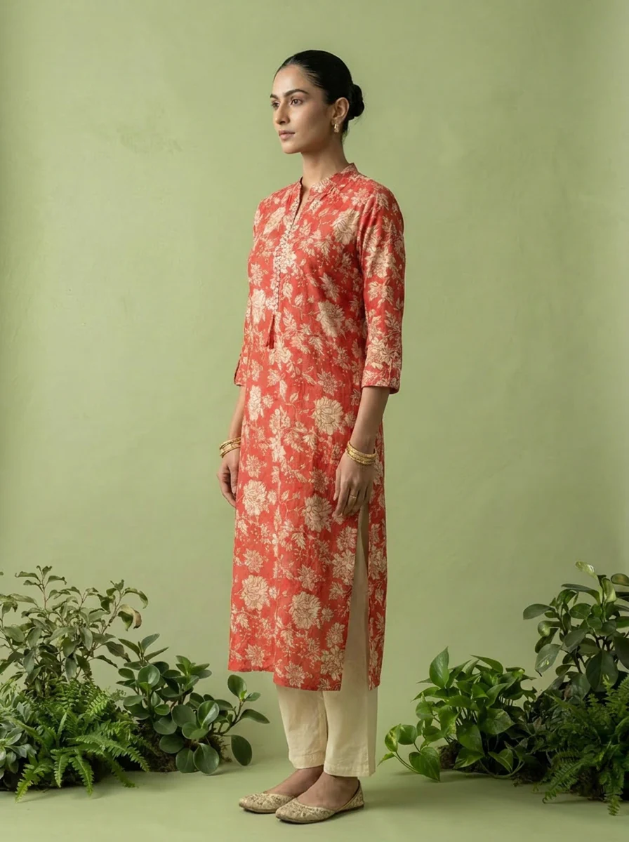 Red Cotton Floral Printed Kurta - Image 4