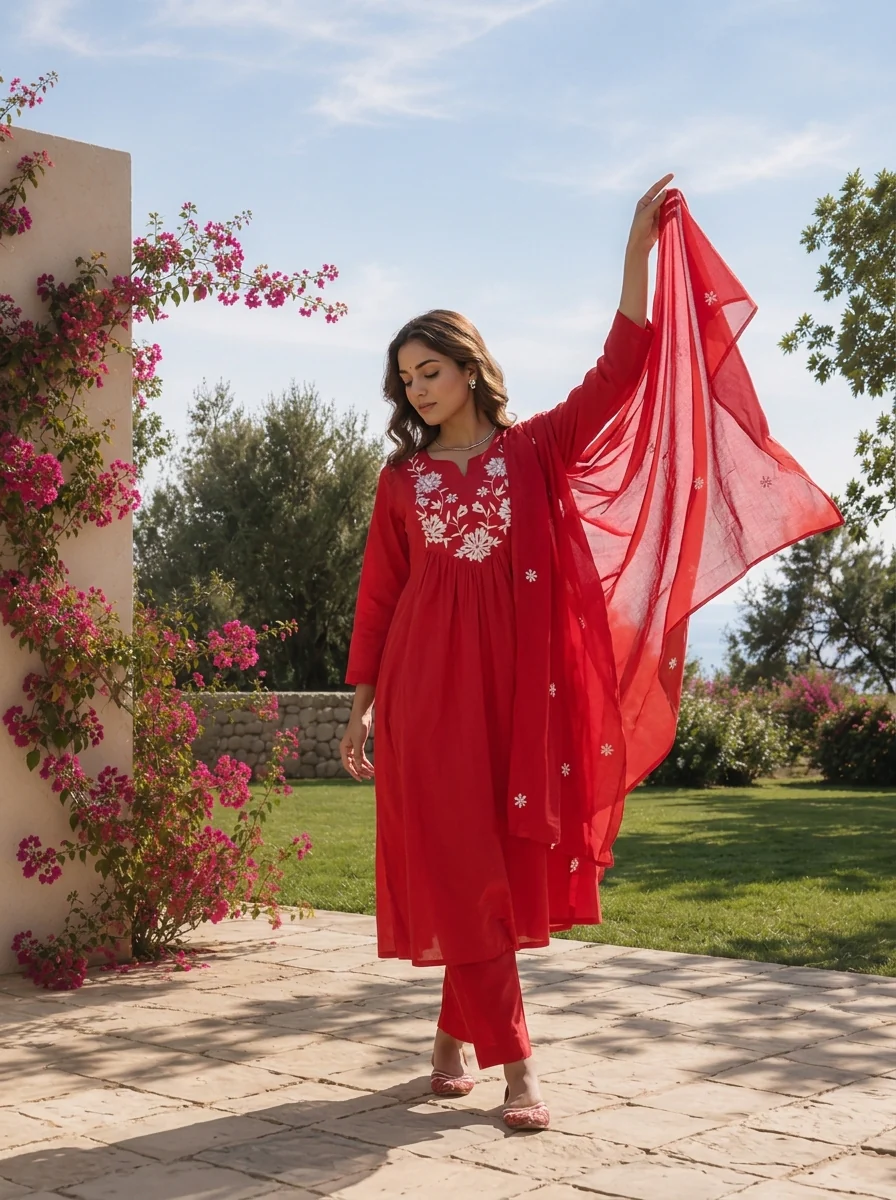 Red Cotton Floral Thread Embroidery And Solid Design Three Piece Set