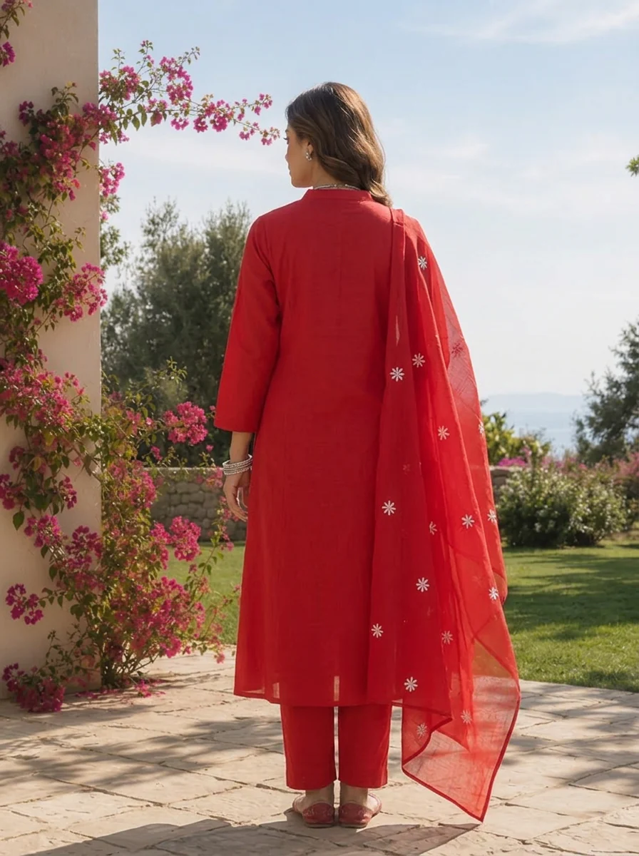 Red Cotton Floral Thread Embroidery And Solid Design Three Piece Set - Image 2