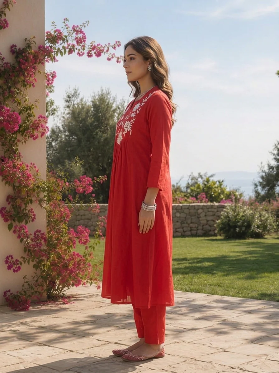 Red Cotton Floral Thread Embroidery And Solid Design Three Piece Set - Image 3
