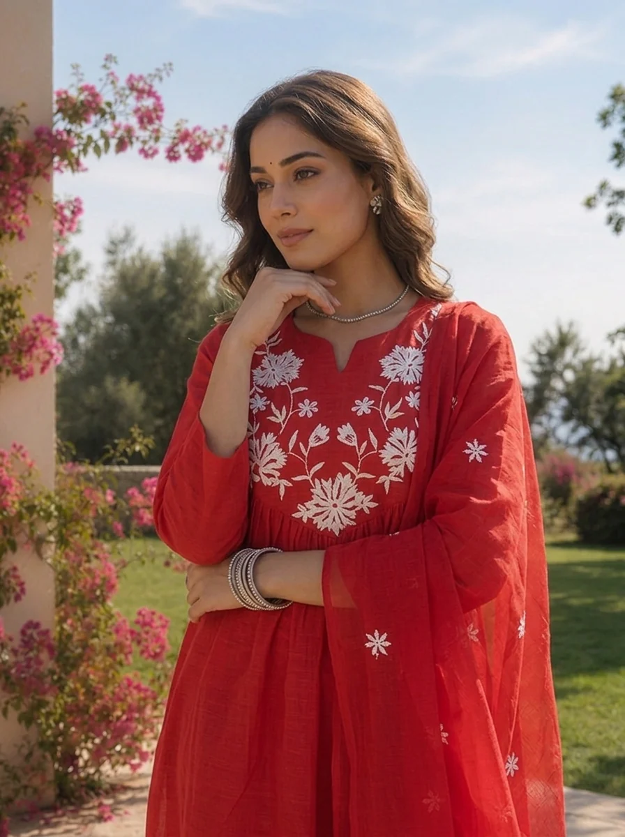 Red Cotton Floral Thread Embroidery And Solid Design Three Piece Set - Image 4