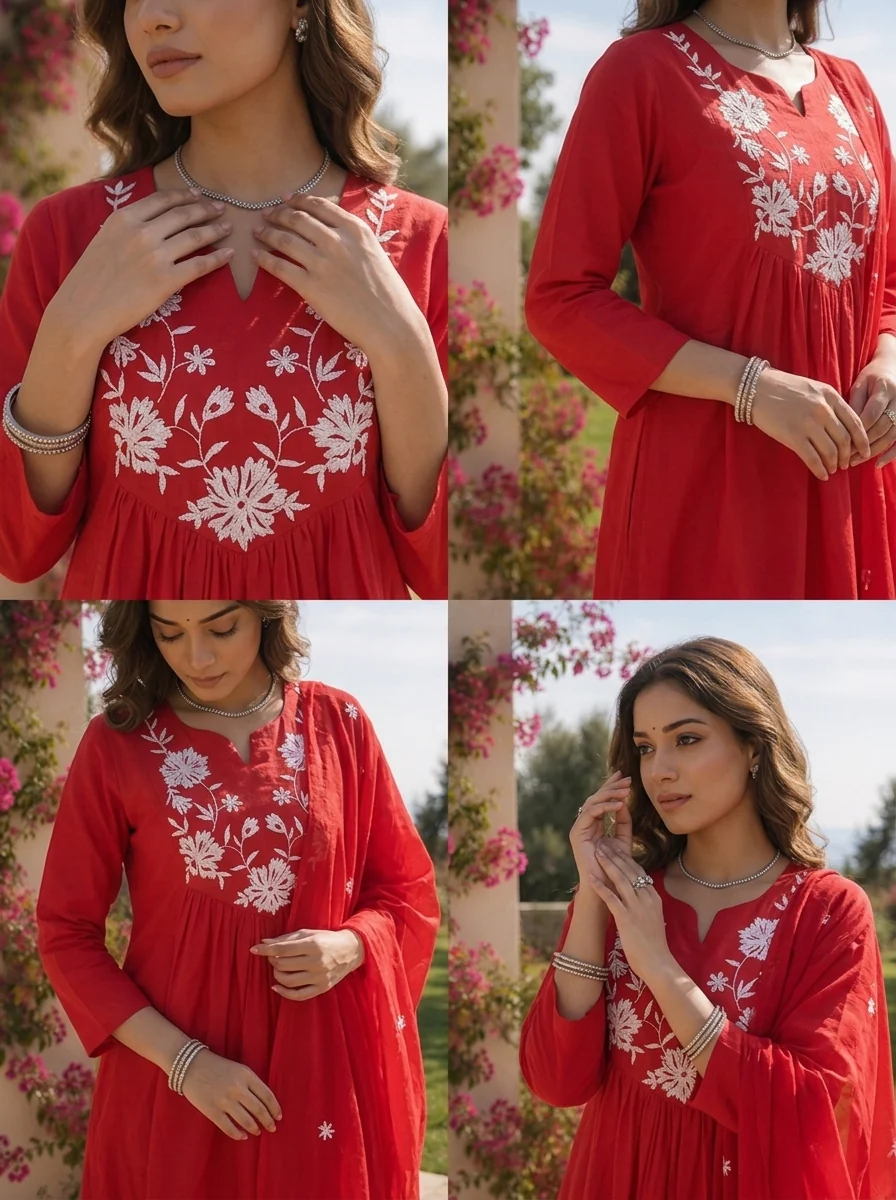 Red Cotton Floral Thread Embroidery And Solid Design Three Piece Set - Image 5