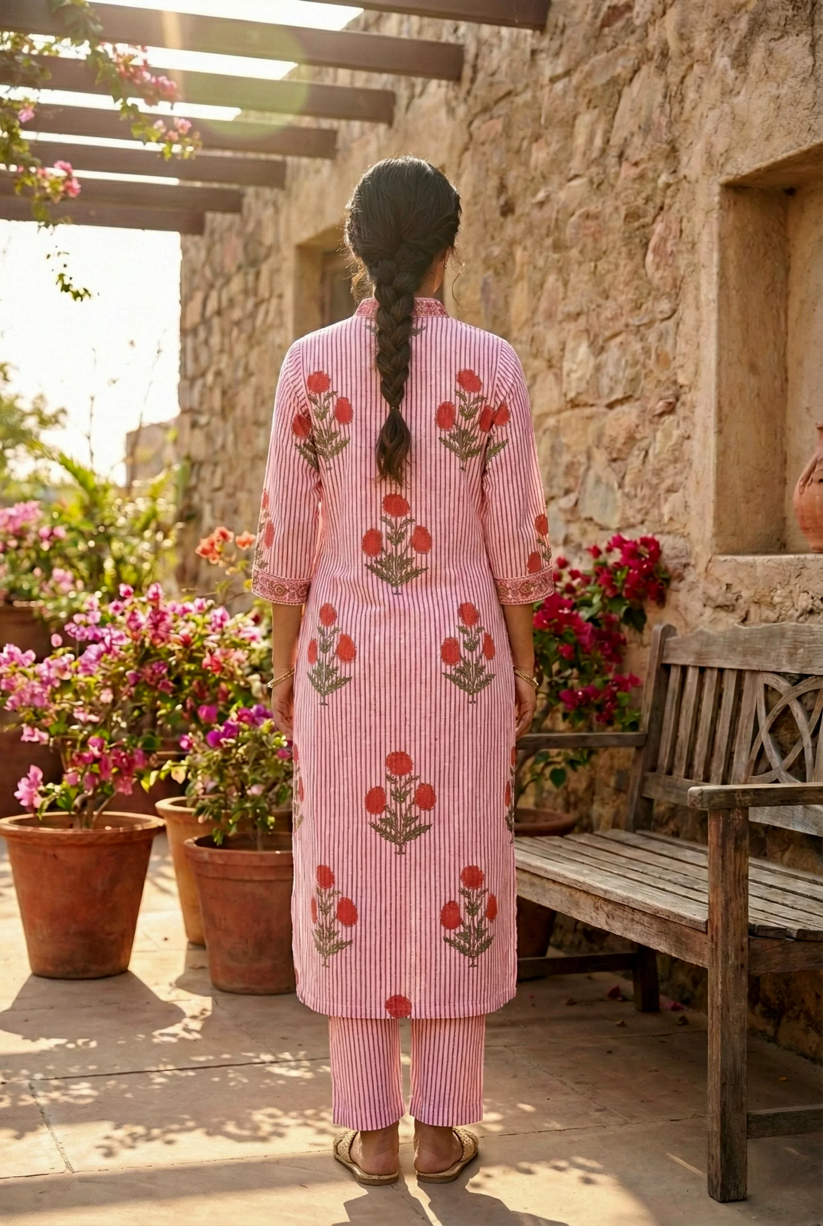 Red Cotton Striped And Floral Printed Two Piece Set - Image 3