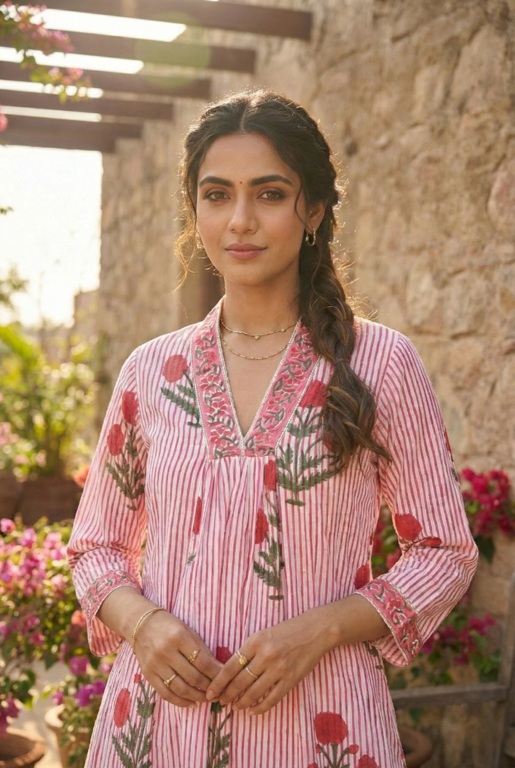 Red Cotton Striped And Floral Printed Two Piece Set - Image 4