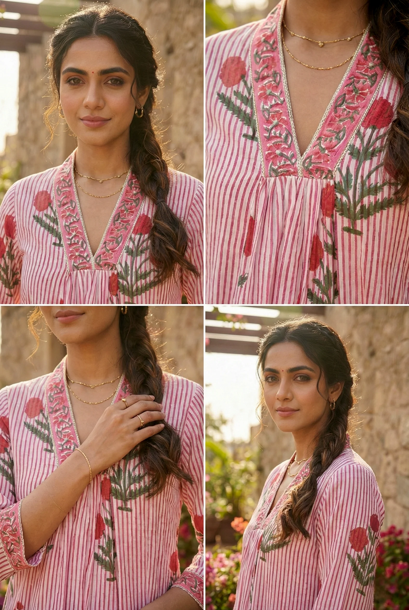 Red Cotton Striped And Floral Printed Two Piece Set - Image 5